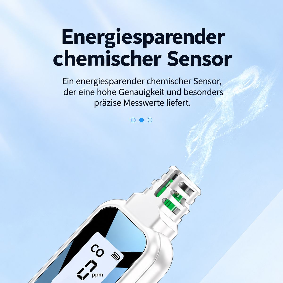 Energiesparender chemischer Sensor mit digitaler Anzeige und Dampfeffekt vor blauem Hintergrund.