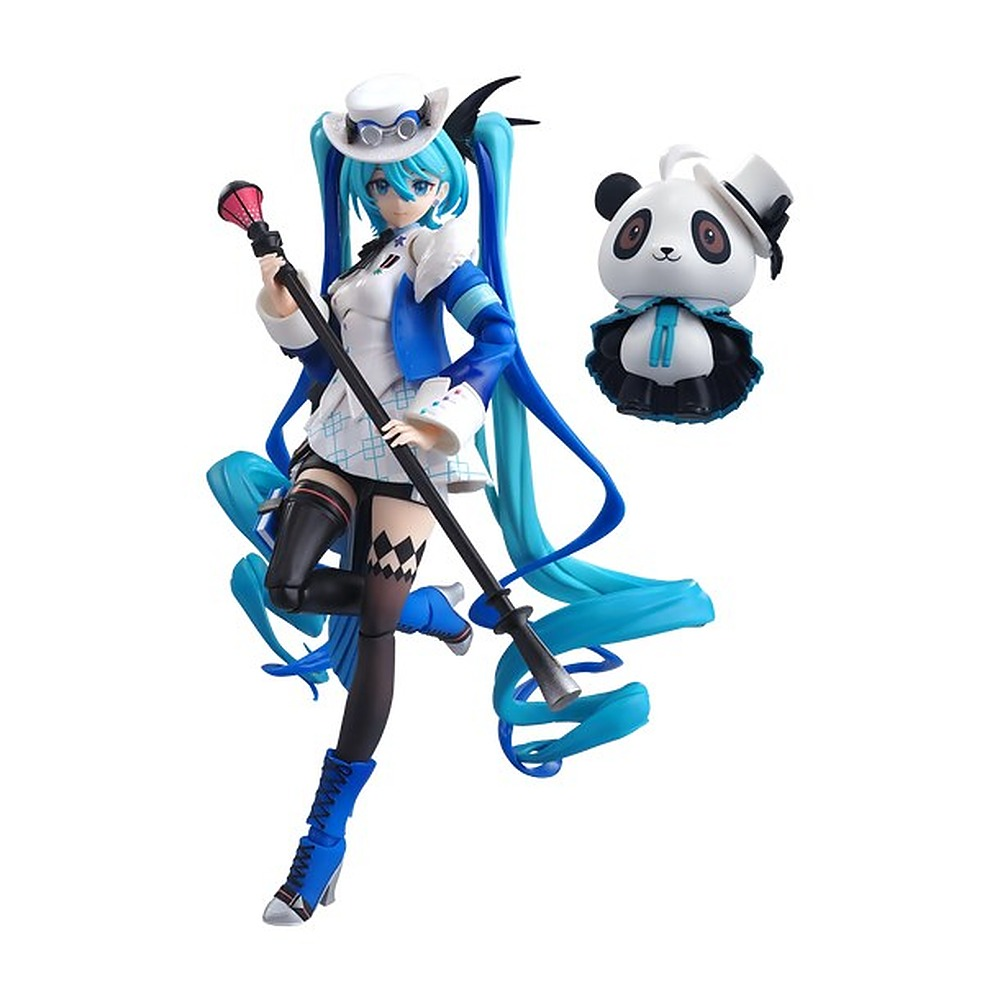 Figurka anime przedstawiająca dziewczynę z długimi niebieskimi włosami, kapeluszem i laską, z pandą.