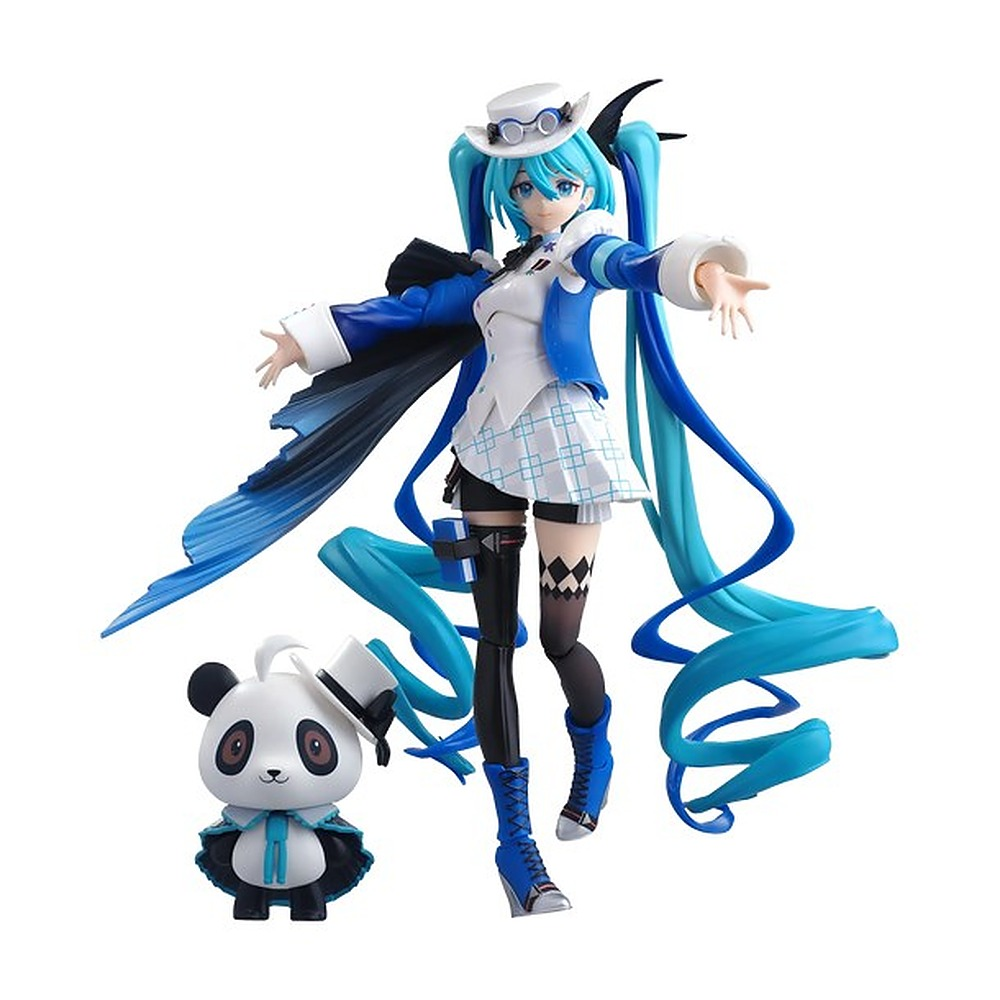 Figurka Hatsune Miku z niebieskimi wlosami i cylindrem stoi obok malej figurki pandy w pasujacym ubraniu.