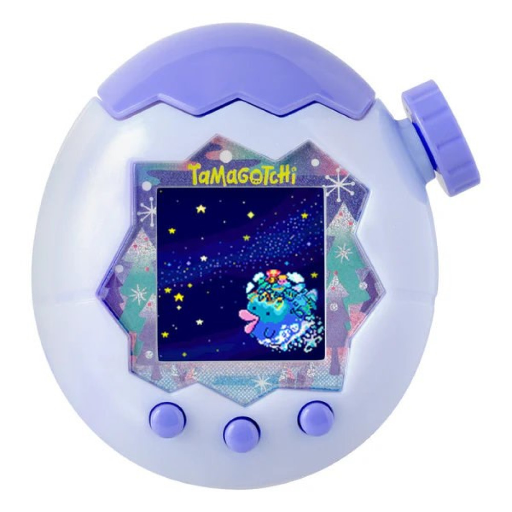 Fioletowe urządzenie Tamagotchi z ekranem przedstawiającym niebieską postać na tle rozgwiazd.