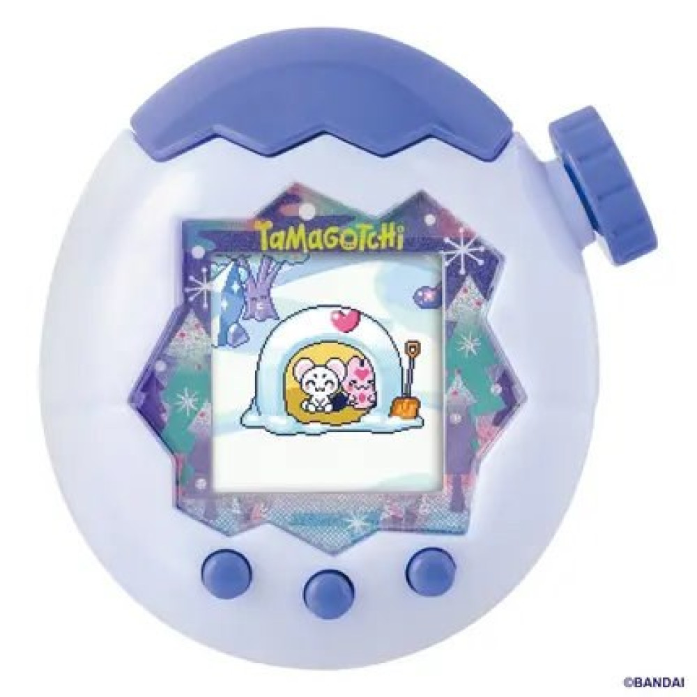 Biało-fioletowe Tamagotchi z trzema przyciskami pokazuje dwie postacie w igloo na ekranie.