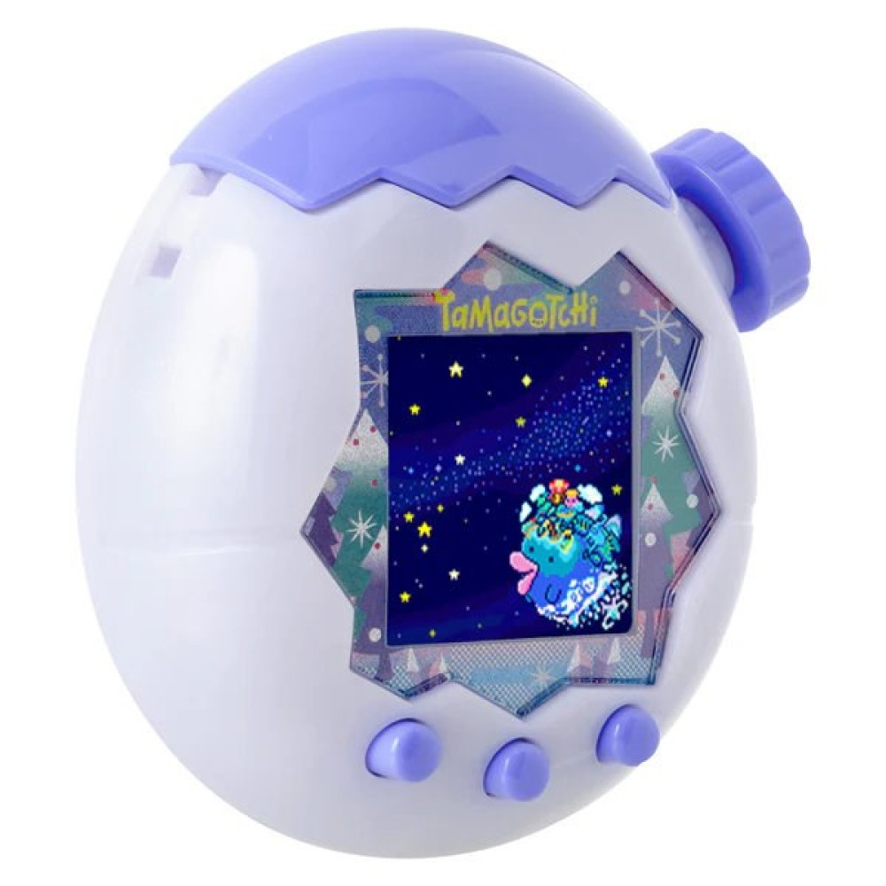Biało-fioletowe urządzenie Tamagotchi z ekranem przedstawiającym pikselową postać na gwiaździstym niebie.