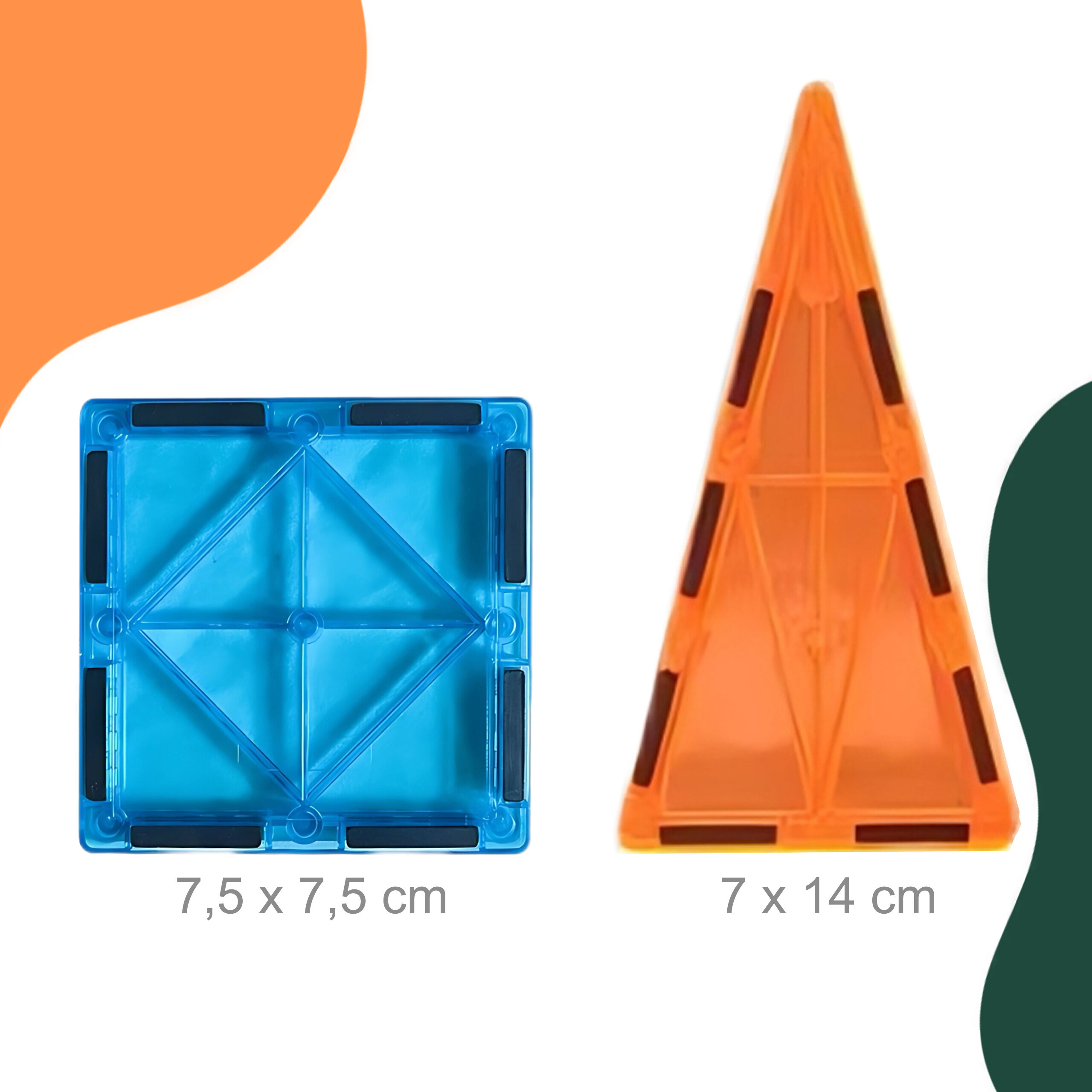 Ein blauer quadratischer und ein orangefarbener langer dreieckiger Magnetstein mit Maßen.