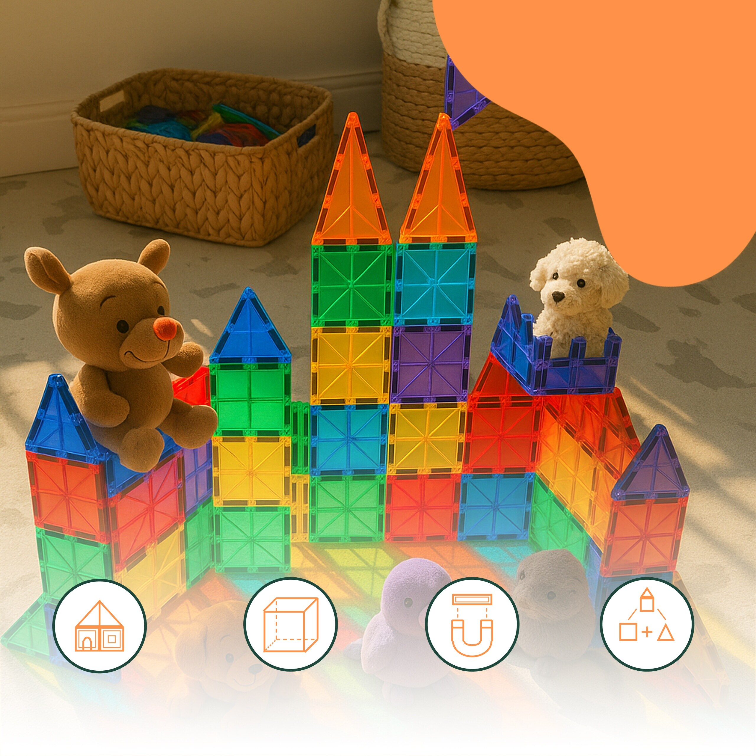 Bunte Magnetspielzeug-Schlossburg mit Plüschtieren auf dem Teppich.