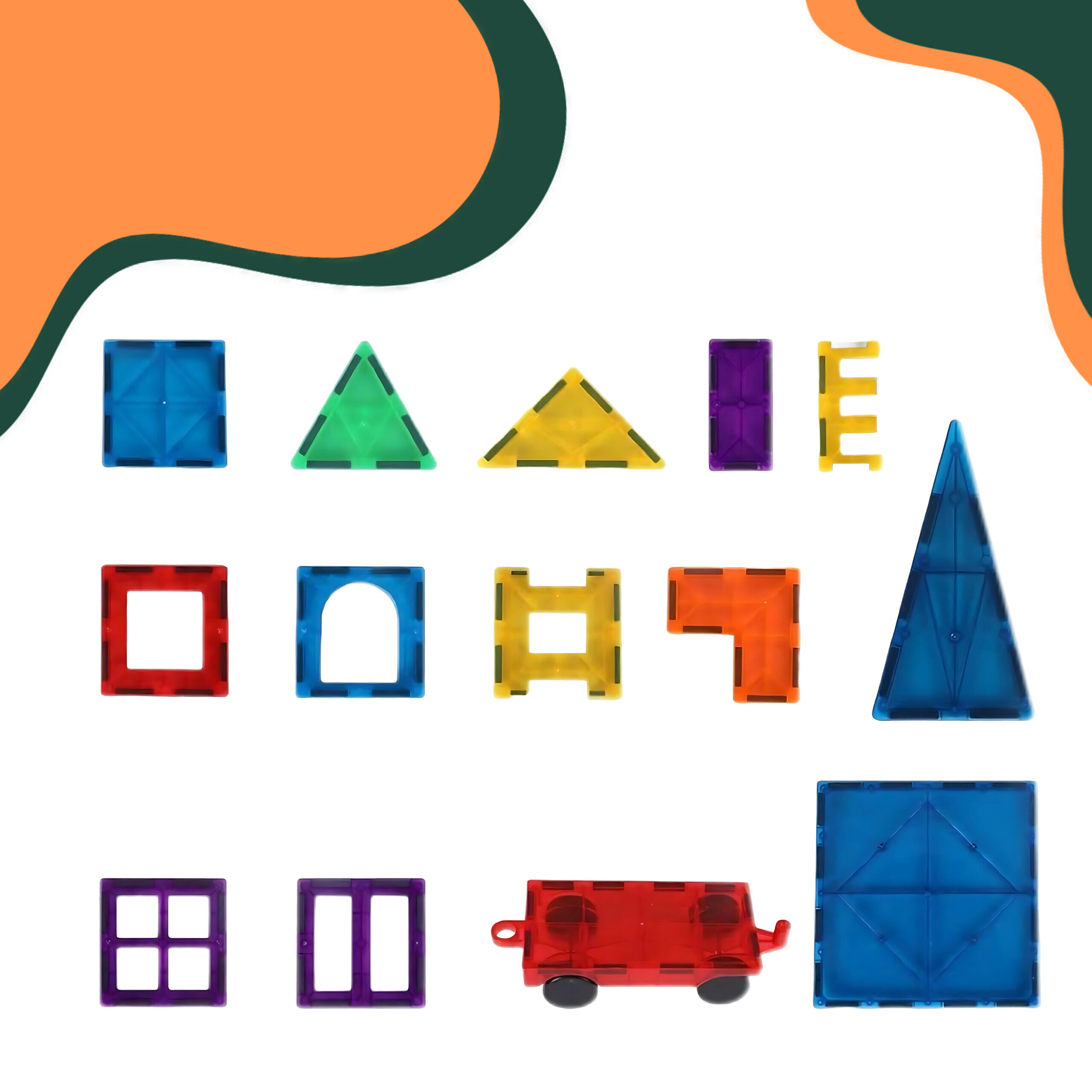 Bunte magnetische Bausteine und ein rotes Spielzeugauto auf weißem Hintergrund mit abstrakten Formen.