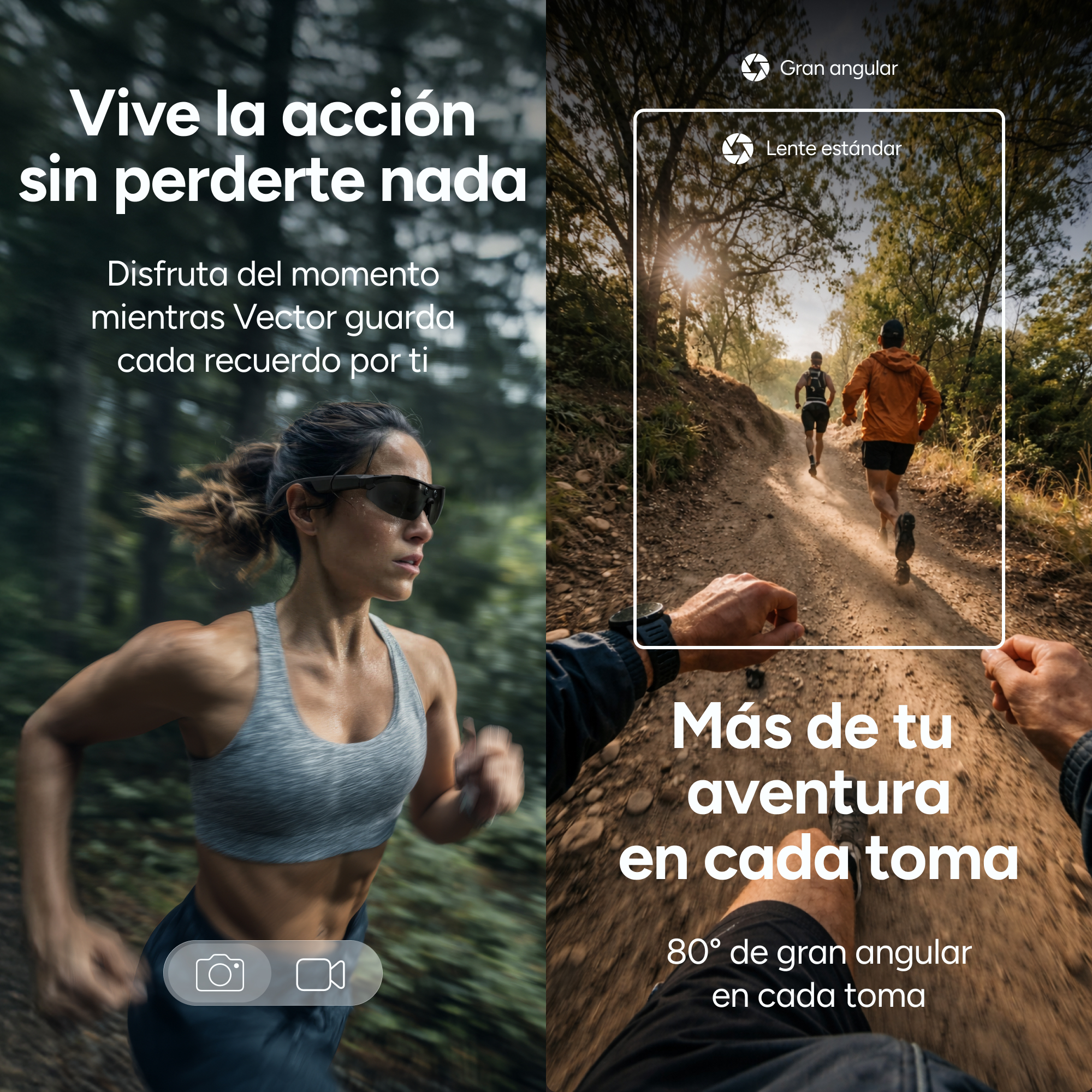 Una mujer corre en un bosque usando gafas inteligentes y cámara.
