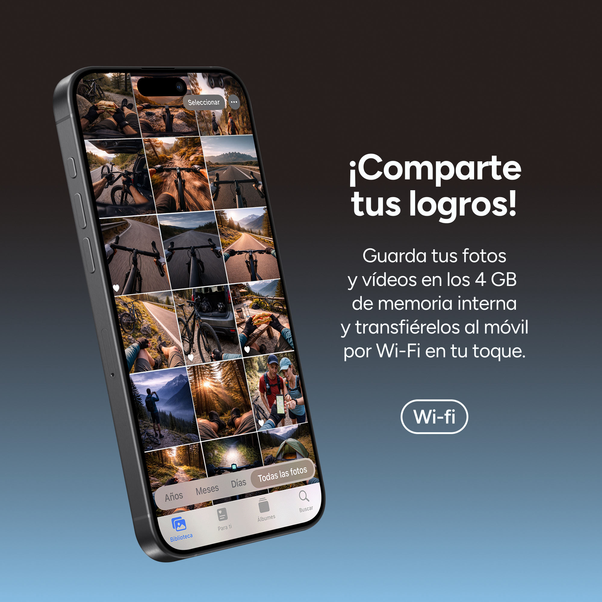 Smartphone que muestra una galería de fotos de ciclismo con texto promocional.