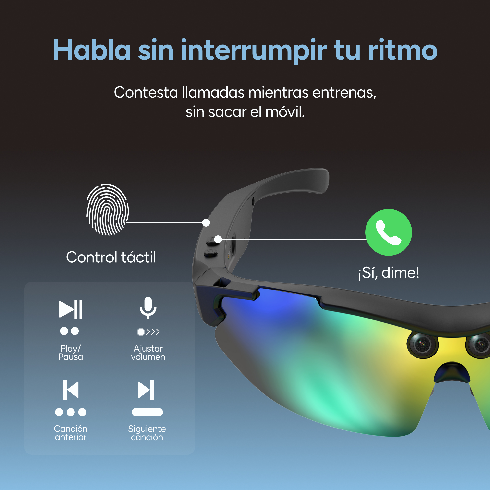 Gafas inteligentes con control táctil y función de llamadas sobre fondo degradado.