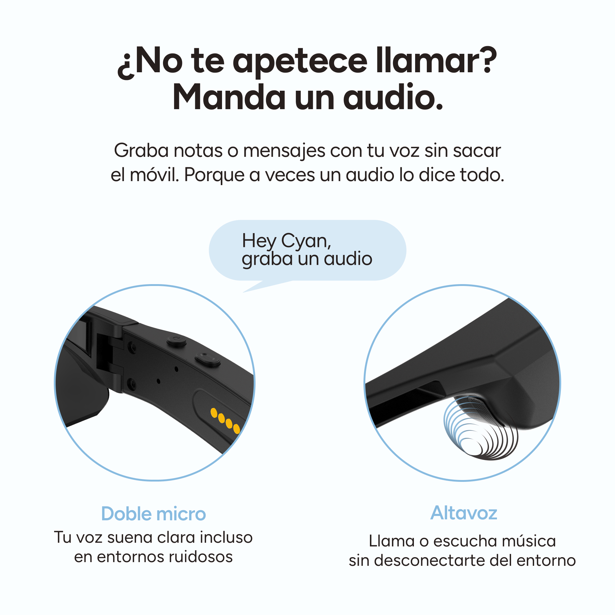 Un anuncio de gafas inteligentes que destaca micrófonos duales y altavoces integrados para mensajes de audio.