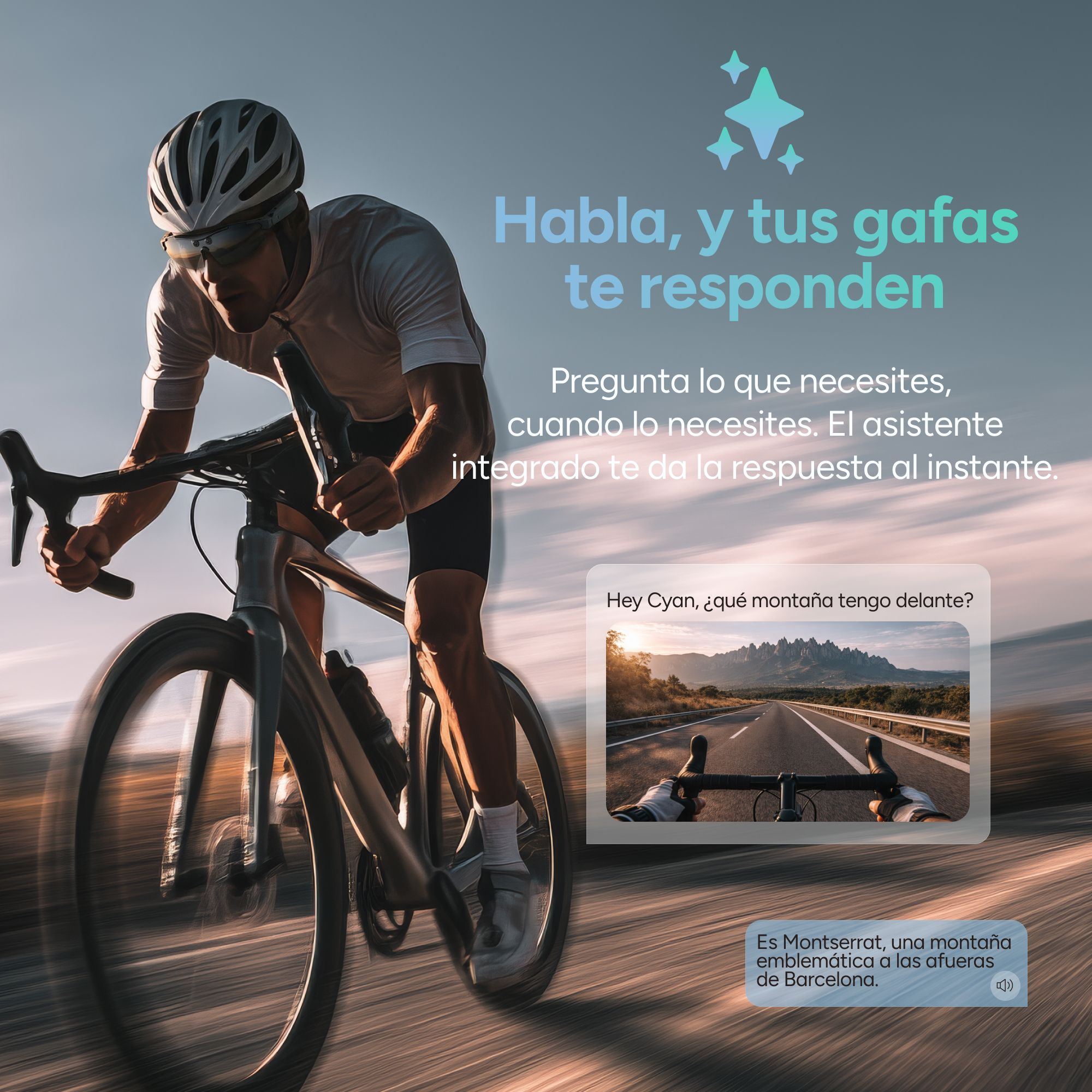 Un ciclista rueda rápido por una carretera, con una superposición de gafas inteligentes.