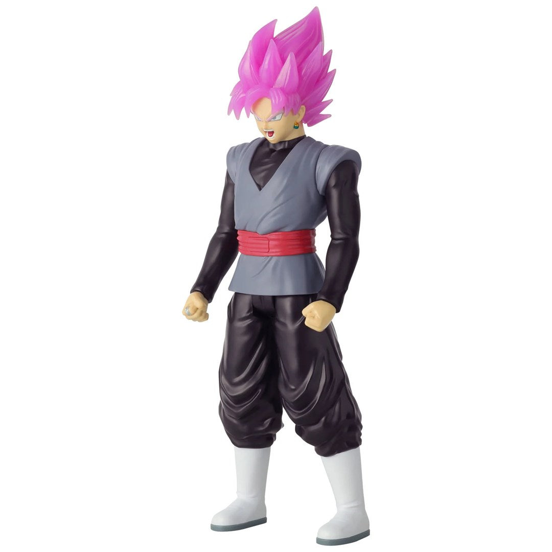 Figurka akcji Goku Black z różowymi włosami, szarą tuniką, czerwonym pasem i białymi butami.