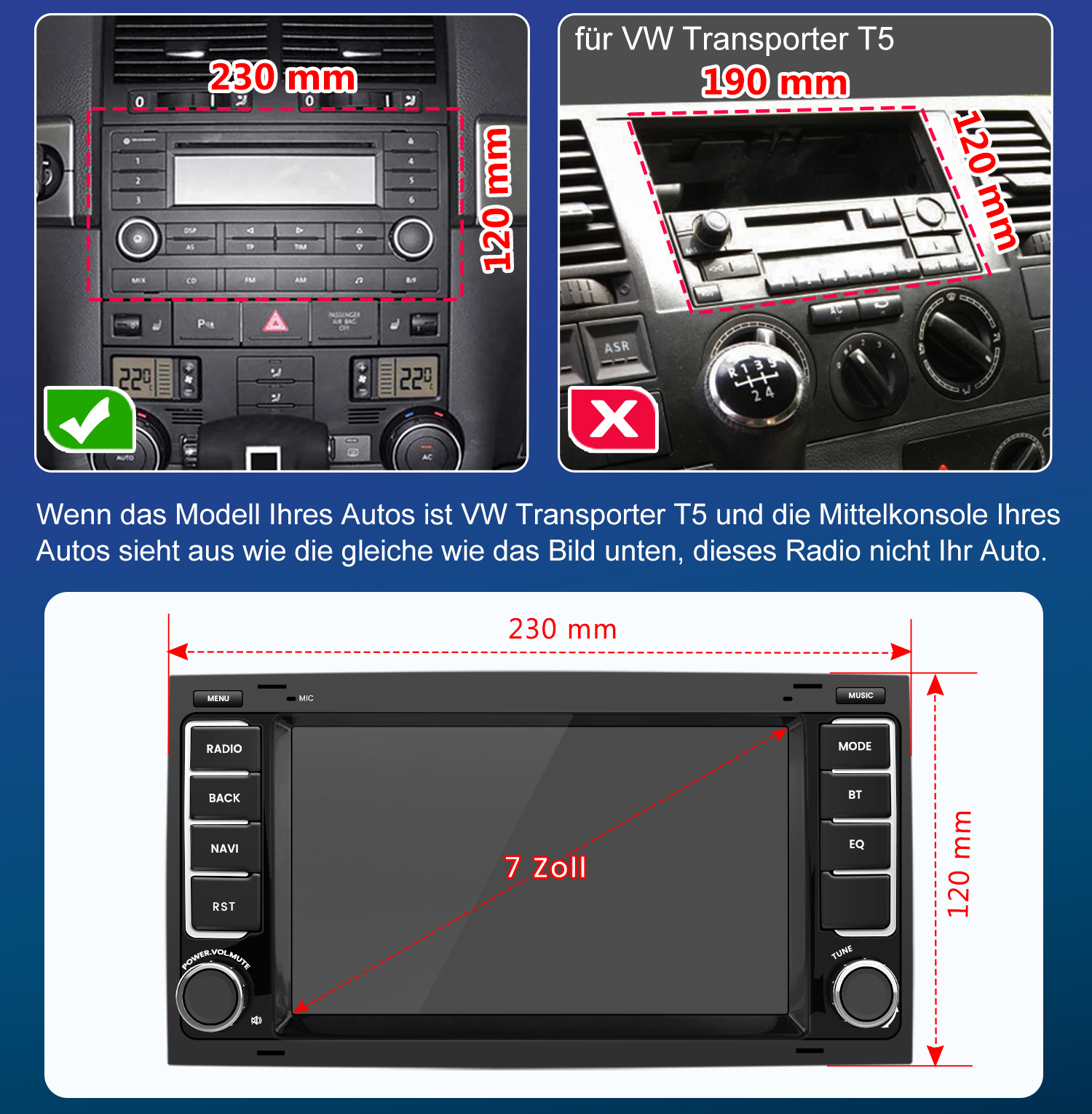 Diagramm zeigt Autoradio-Maße mit Kompatibilitätsvergleich für VW Transporter T5.