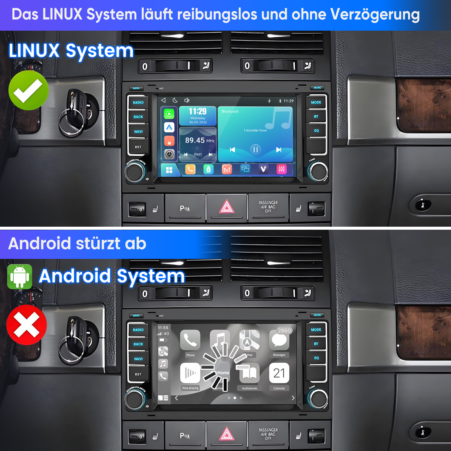 Autoradios im Vergleich: Reibungsloses Linux-System mit Haken versus abstürzendes Android-System mit rotem Kreuz.