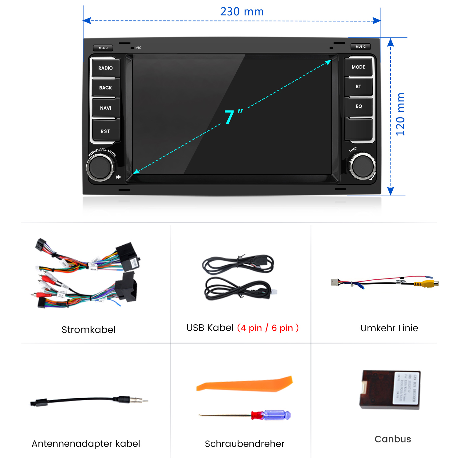 7-Zoll-Autoradio mit 230x120 mm Maßen und verschiedenen Kabeln, Adaptern und Werkzeugen.