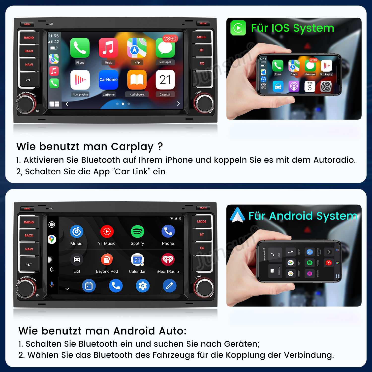 Anleitung zur Nutzung von Carplay und Android Auto auf einem Autoradio mit App-Symbolen.