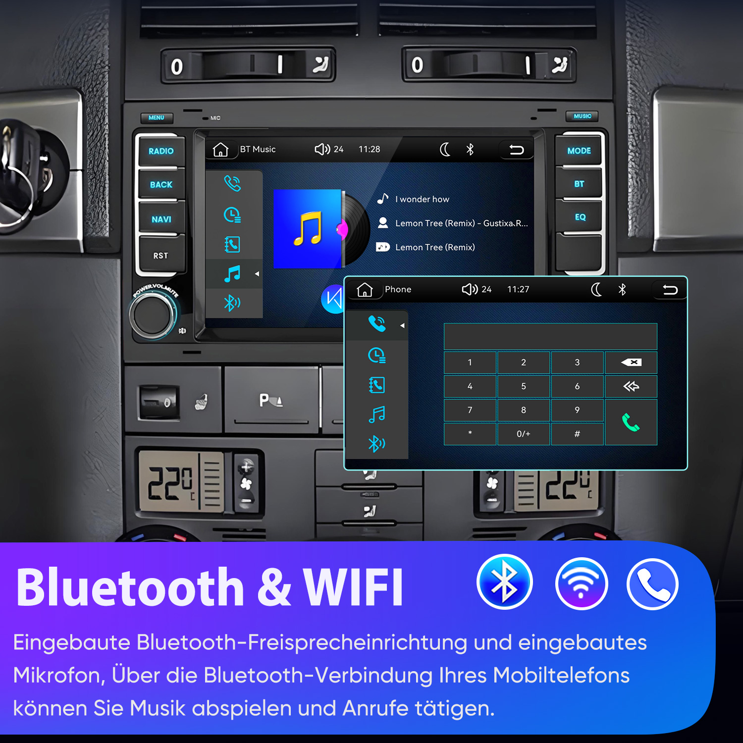 Autoradio mit Touchscreen, Bluetooth- und WLAN-Funktion sowie eingebautem Mikrofon.