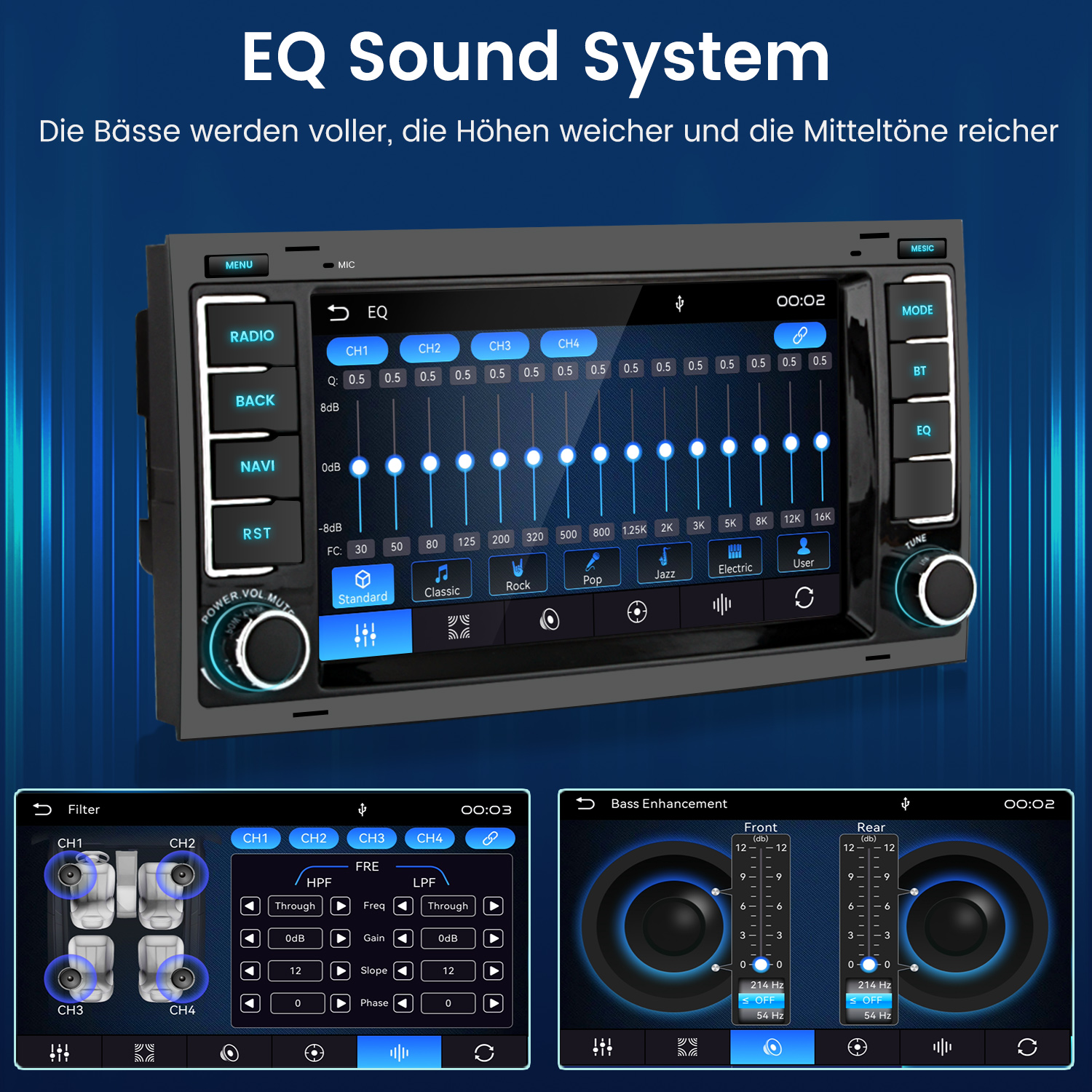 Ein Auto-Radio mit Equalizer-Touchscreen und physischen Tasten auf blauem Hintergrund mit zwei Menü-Detailansichten.