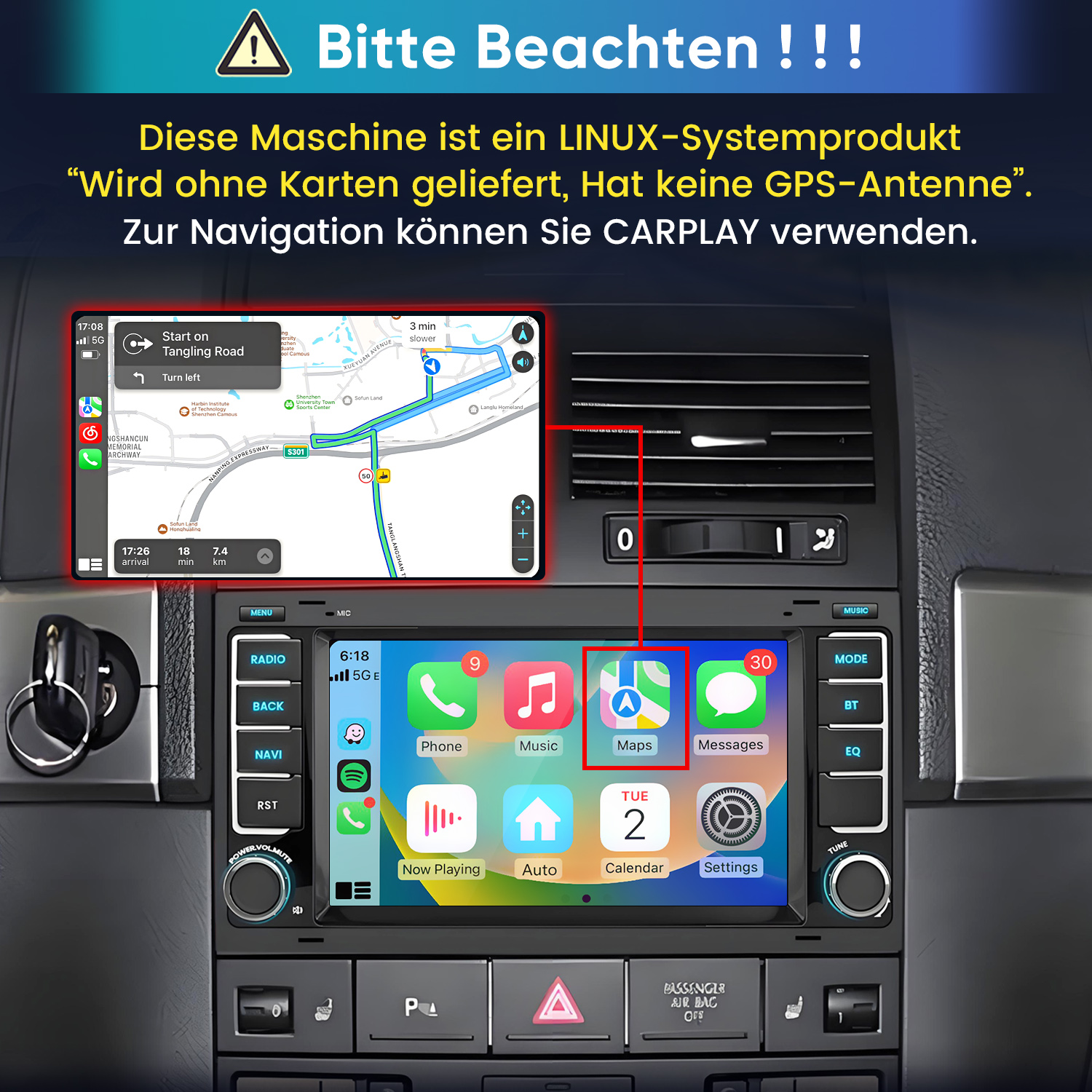 Linux-Autoradio mit CarPlay-Navigation und Apps wie Telefon und Musik auf dem Touchscreen.
