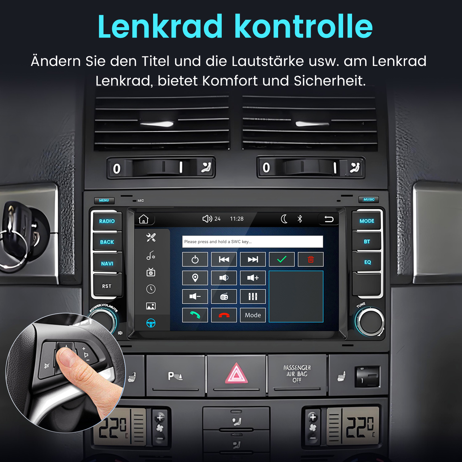 Autoinnenraum mit Multimediabildschirm und Lenkradtasten.