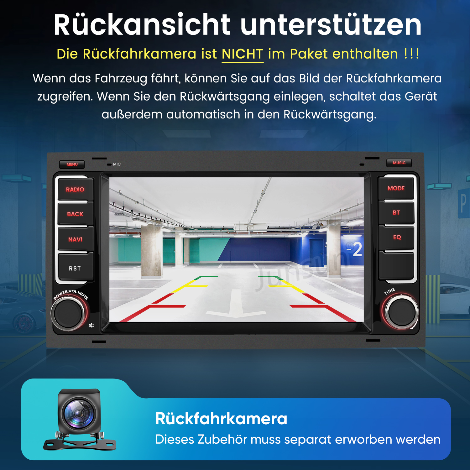 Autoradio mit Display zeigt die Ansicht einer Tiefgarage als Parkhilfe.