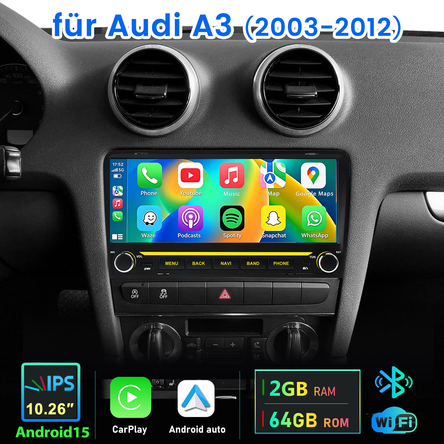 Autoradio mit Touchscreen und Apps im Audi A3.