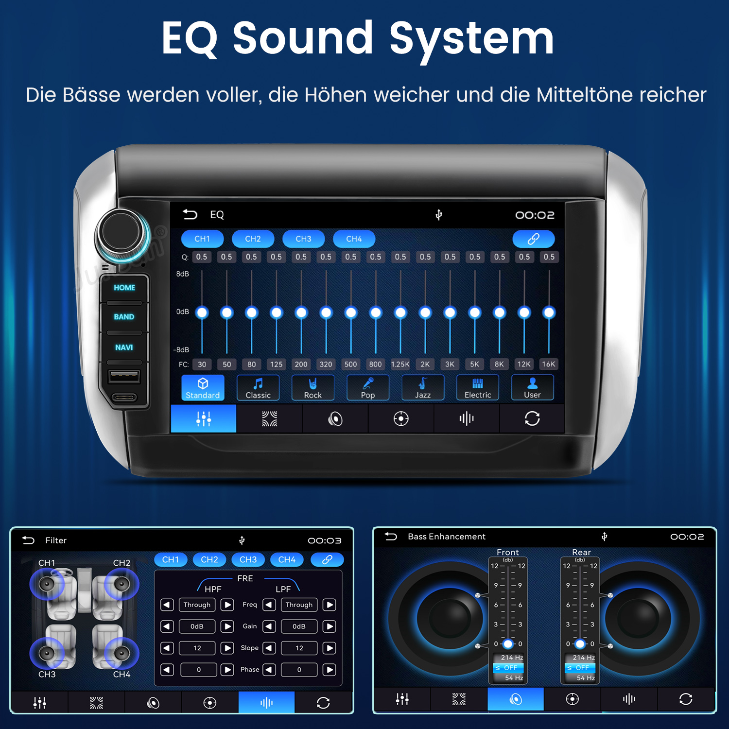 Car audio system display showing EQ sound settings with sliders and presets.
