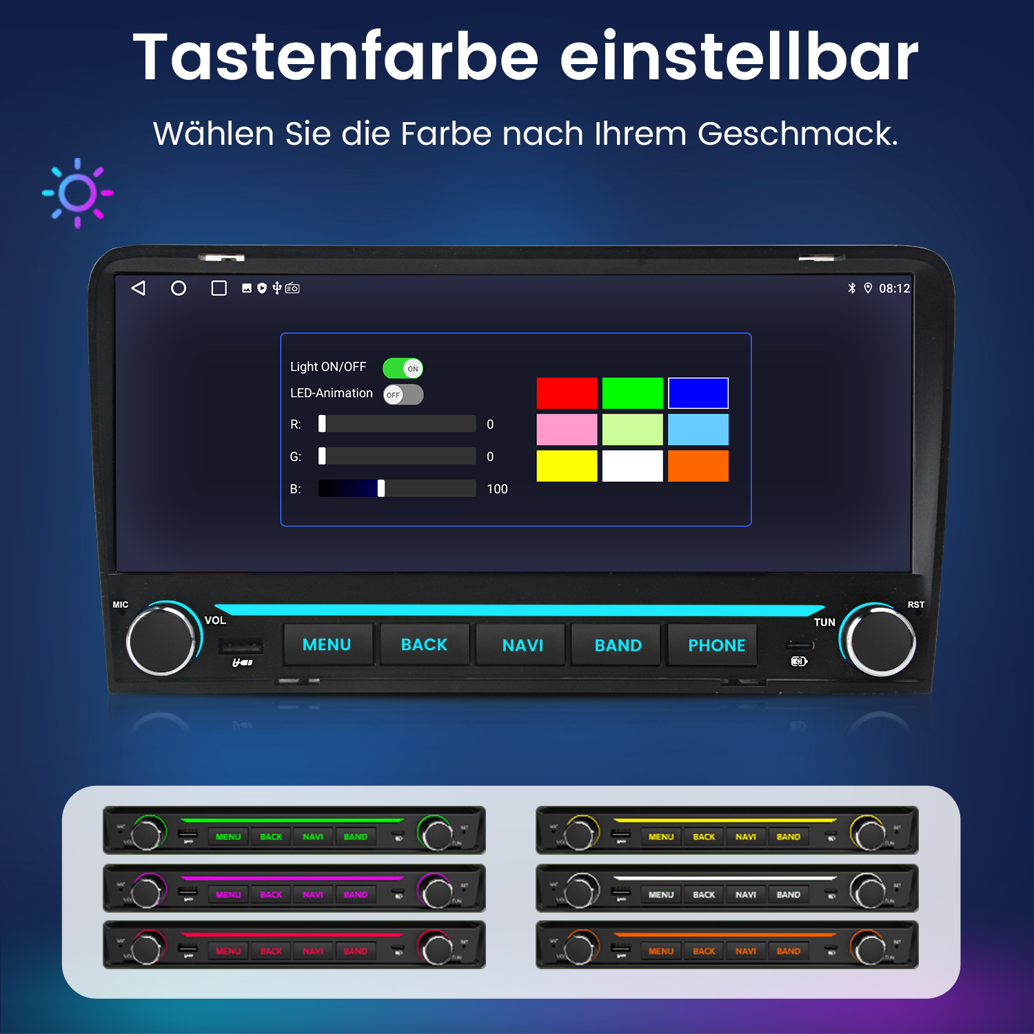 Autoradio mit einstellbarer Tastenfarbe und Farboptionen-Menü auf dem Display.