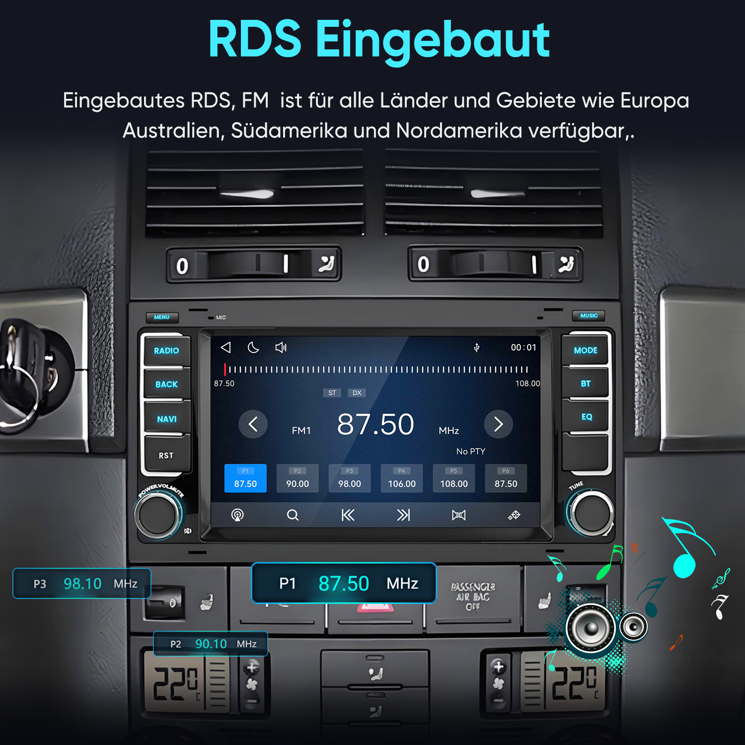 Auto-Radio-Display mit RDS-Funktion, FM-Frequenz 87.50 MHz und umliegenden Lüftungsschlitzen.