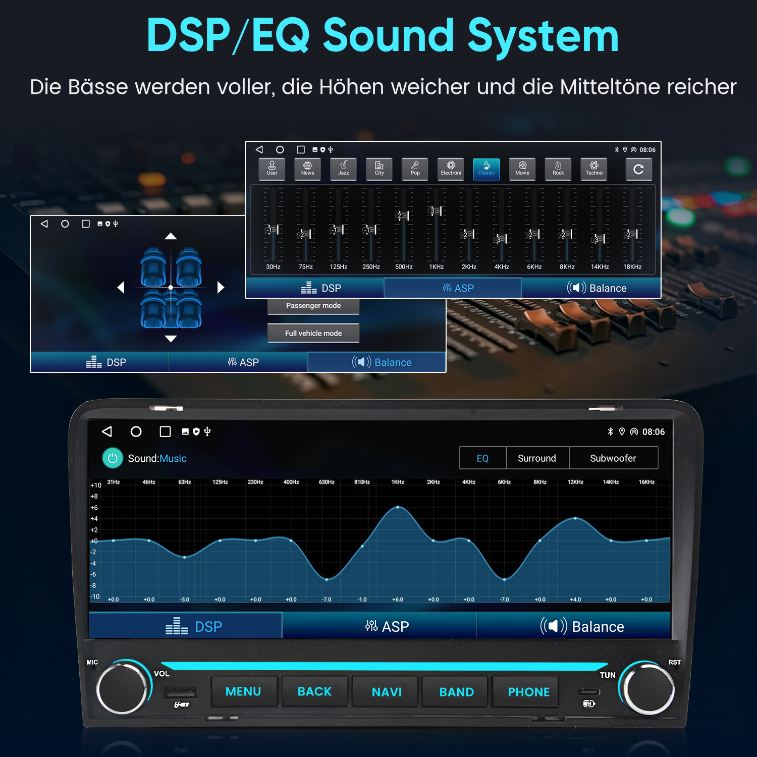 Autoradio mit Equalizer-Grafik, DSP-Einstellungen und physischen Tasten sowie Drehreglern.