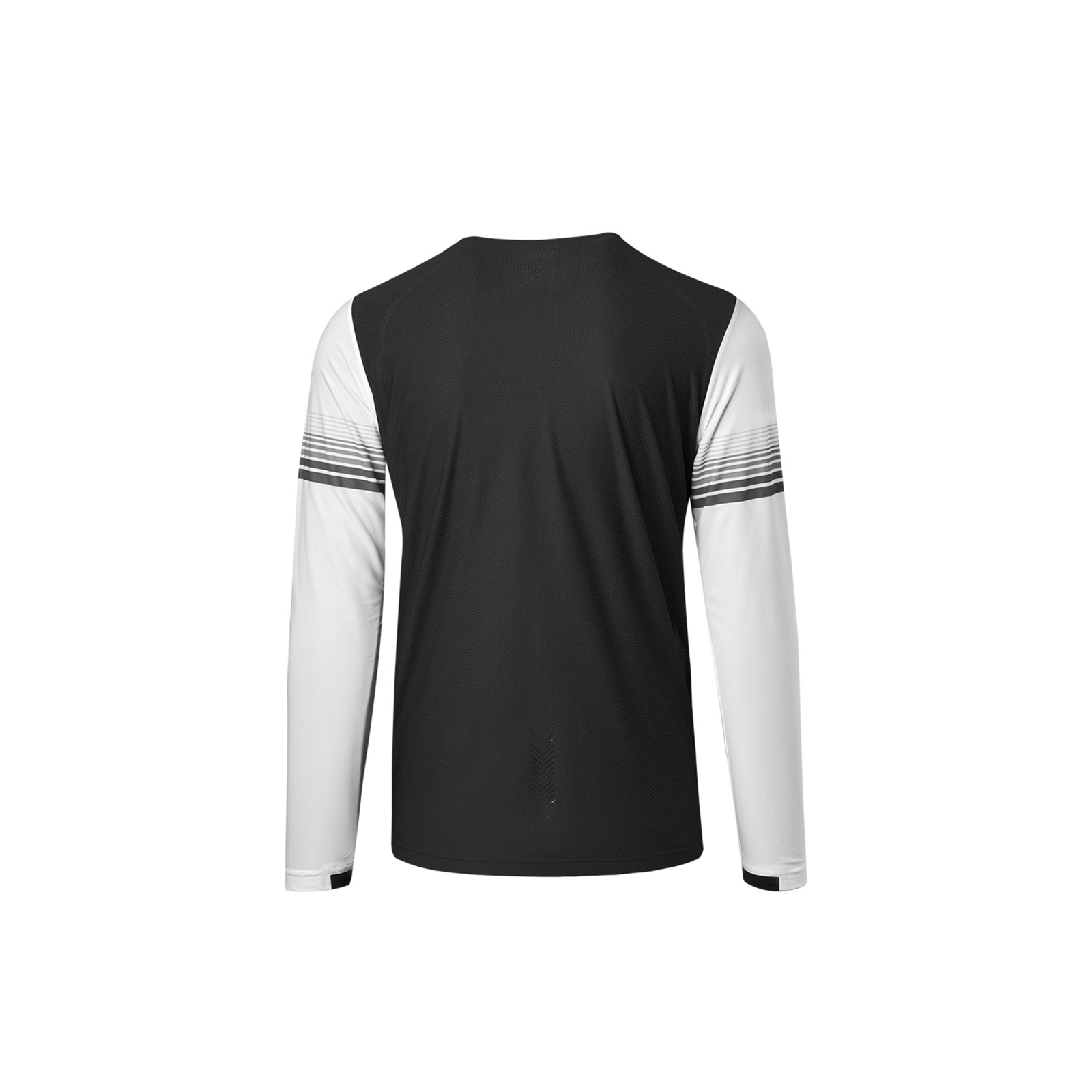 Ein langärmliges Sportshirt, schwarz mit weißen Ärmeln und grauen Streifen, Rückansicht.