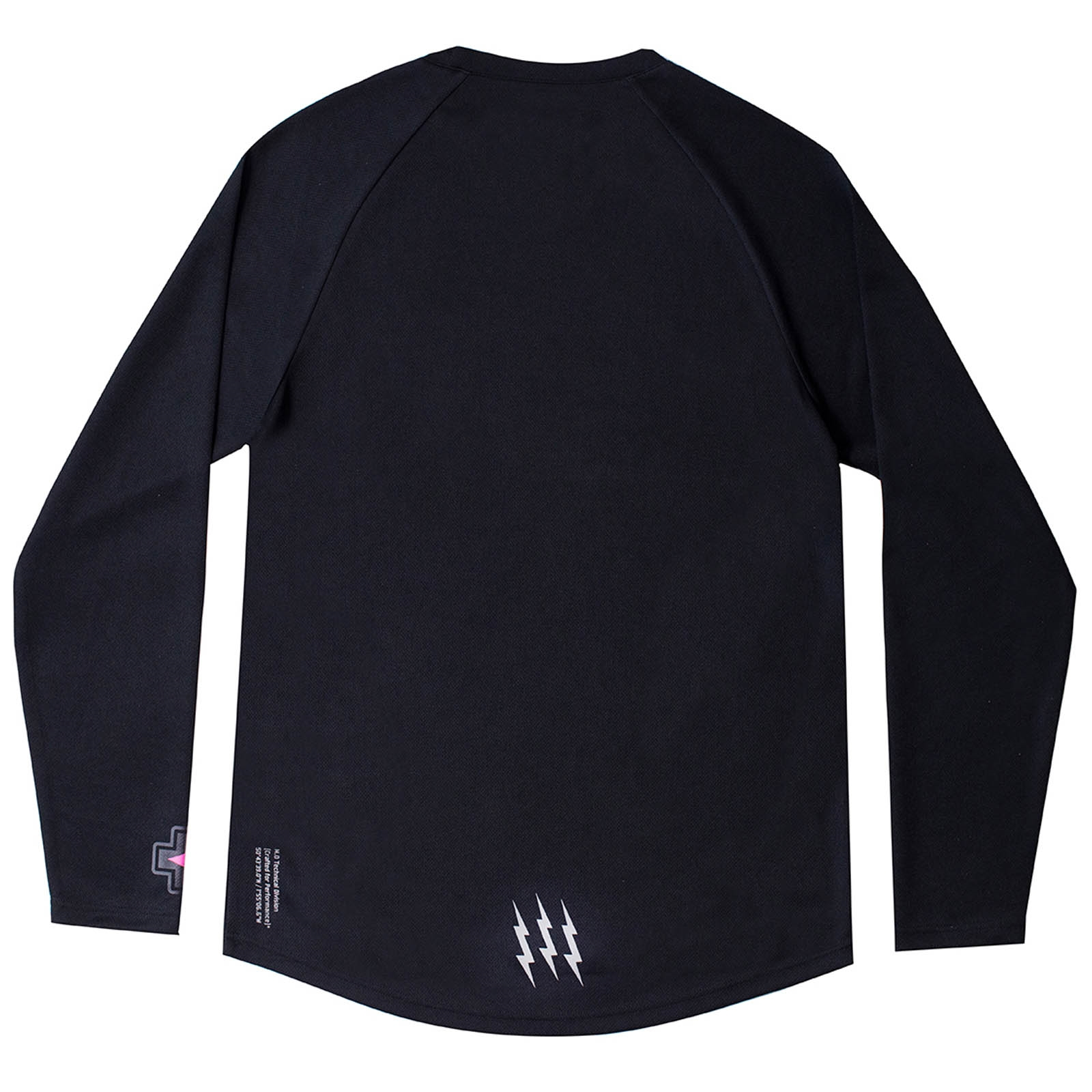 Rückseite eines schwarzen Langarm-Sportshirts mit kleinen weißen Grafiken am unteren Saum auf weißem Hintergrund.