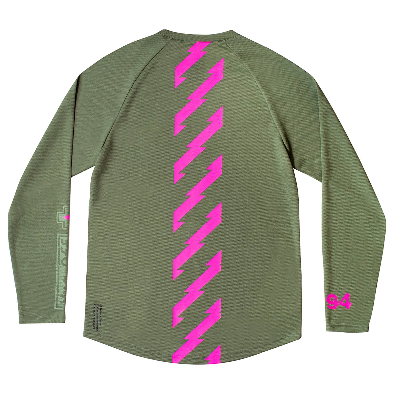 Olivgrünes langärmliges Sportshirt mit senkrechten pinken Blitzmustern auf dem Rücken.