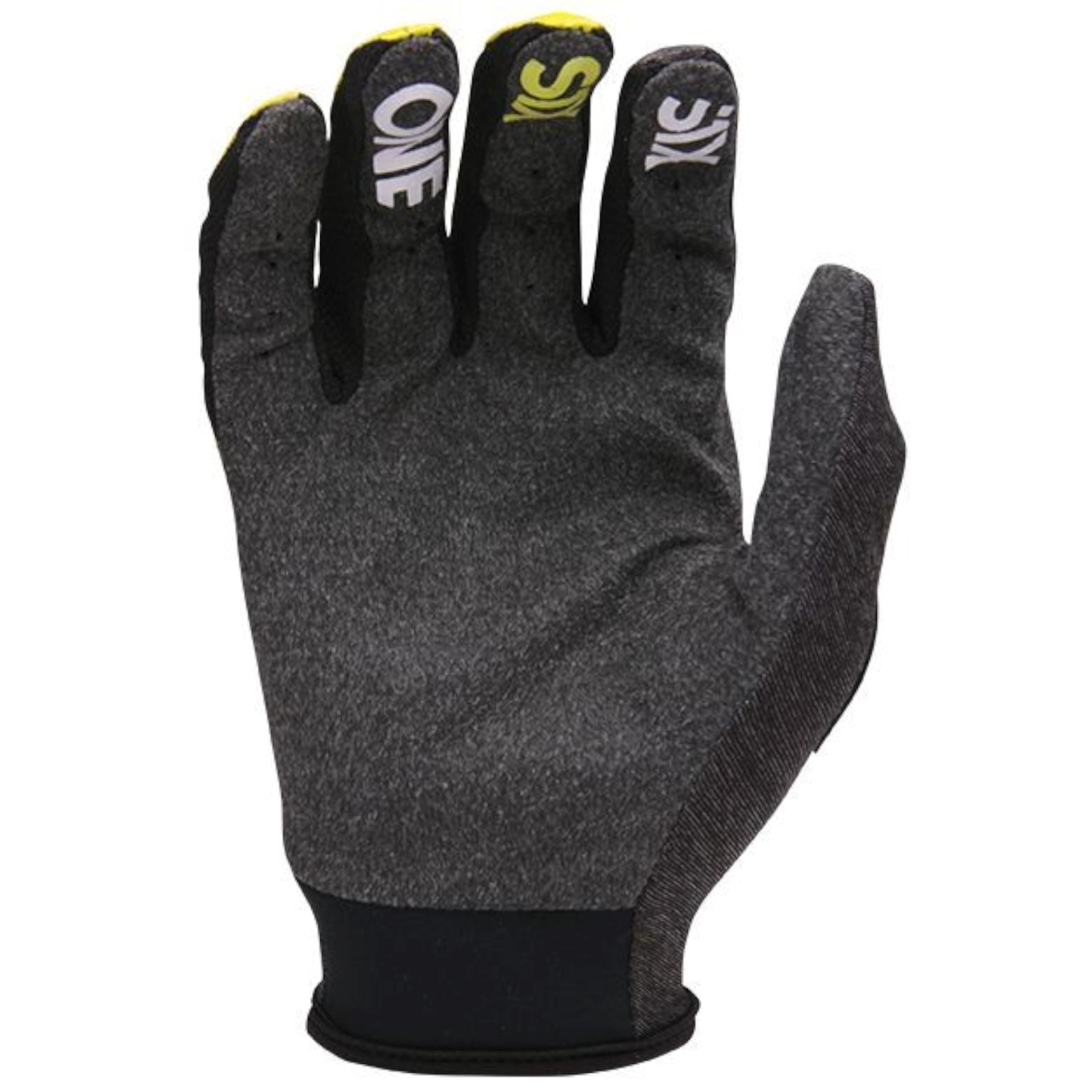 Ein schwarz-grauer Langfinger-Fahrradhandschuh mit weißer Schrift auf den Fingern und gelben Akzenten.