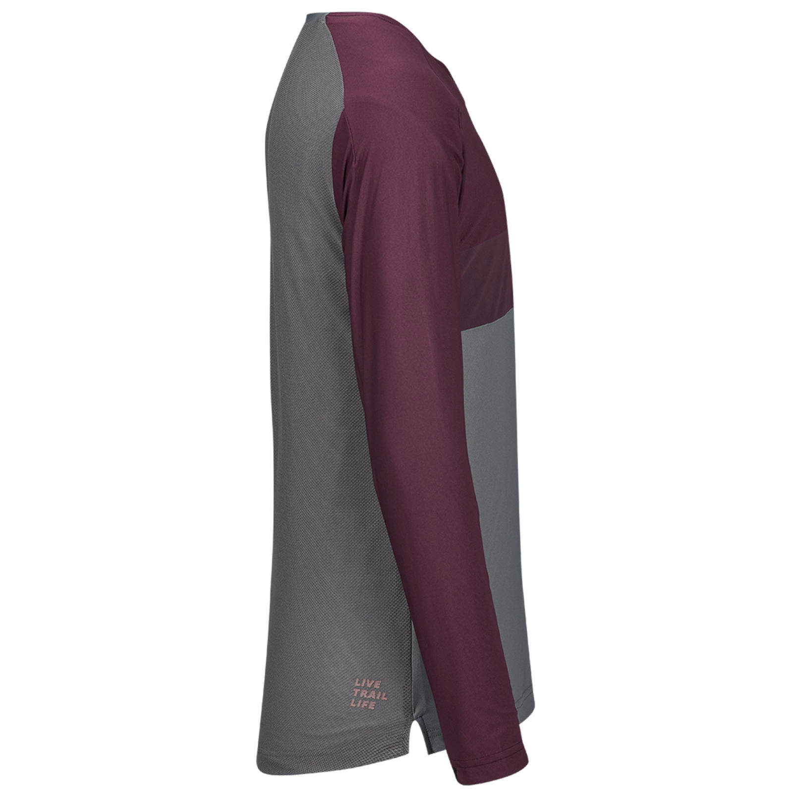 Seitenansicht eines langärmligen Sportshirts in Grau und Bordeauxrot mit Textaufdruck.