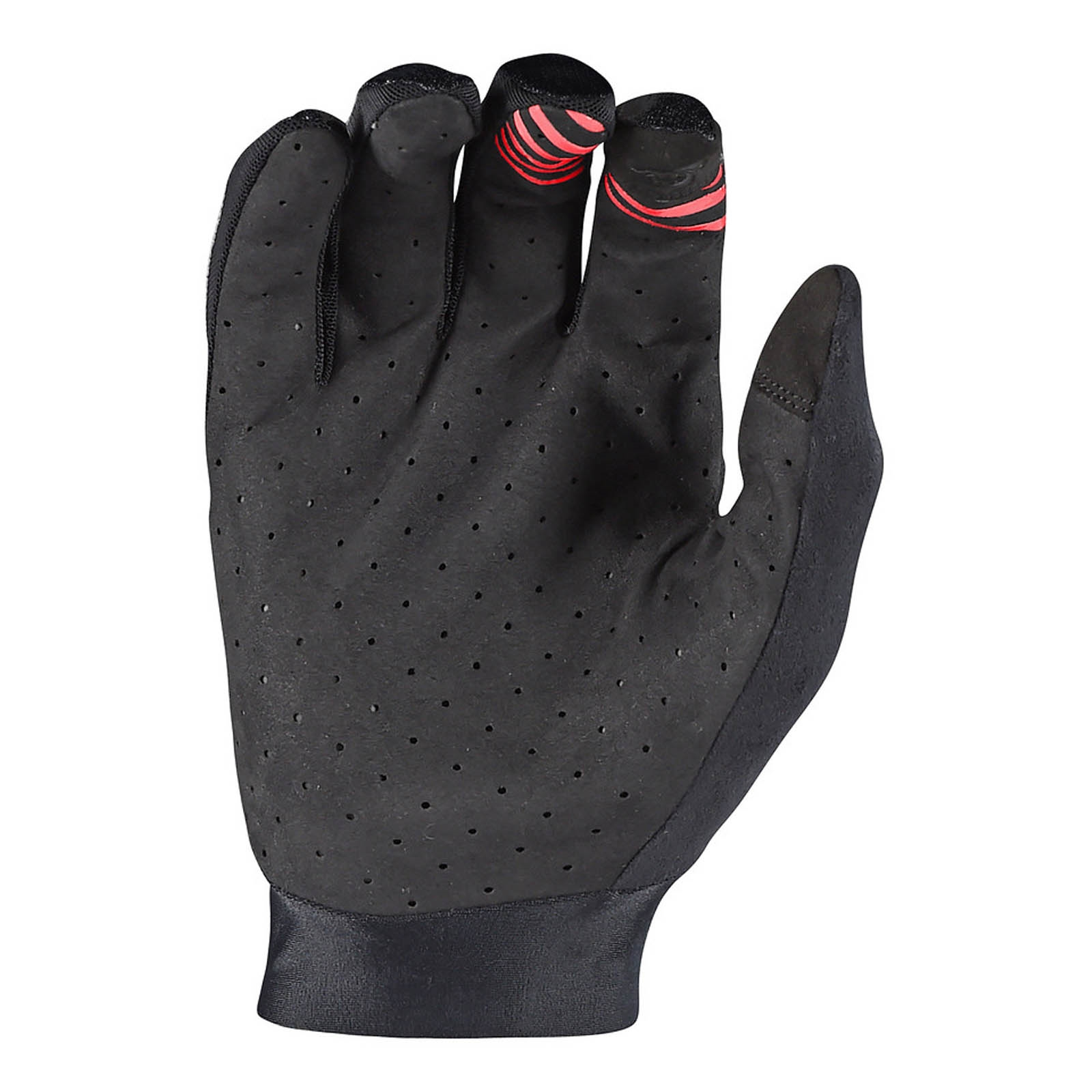 Ein schwarzer Sporthandschuh mit Belüftungslöchern und roten Streifen an den Fingerspitzen.