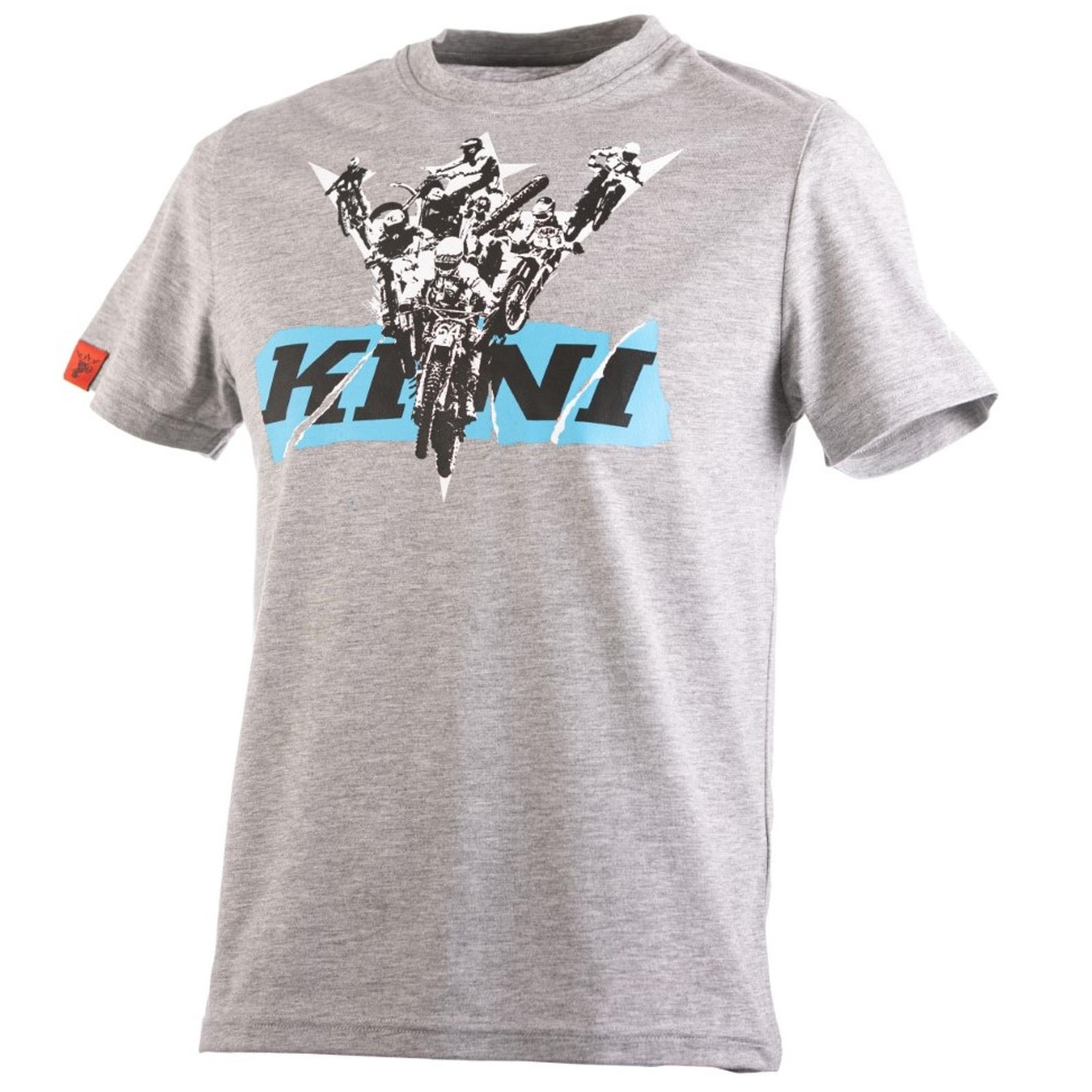 Graues T-Shirt mit schwarzem Motiv von Motocross-Fahrern und dem blauen Schriftzug KINI auf der Vorderseite.