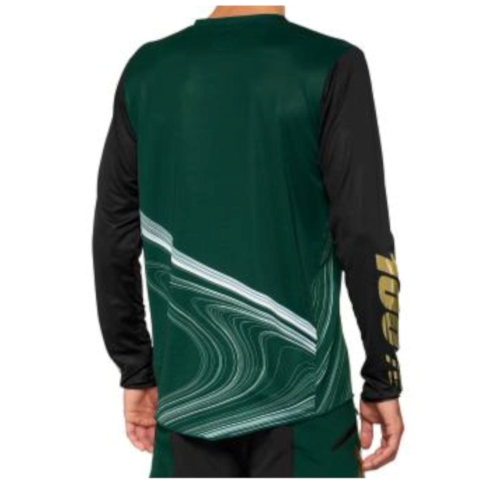 Rückansicht eines Langarmshirts mit grünem Rumpf, weißen Linienmuster und schwarzen Ärmeln mit goldenem Aufdruck.