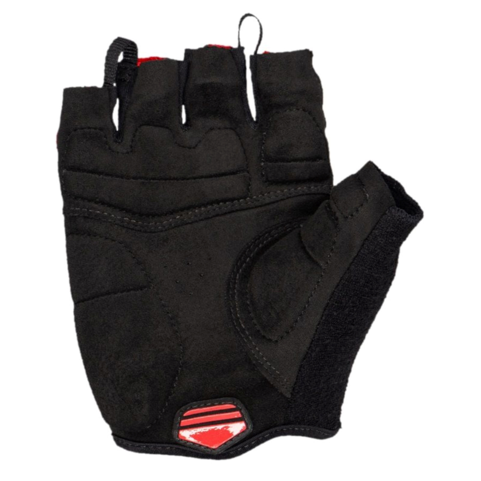 Ein schwarzer, fingerloser Trainingshandschuh mit gepolsterter Innenfläche und einem roten Logo am Handgelenk.