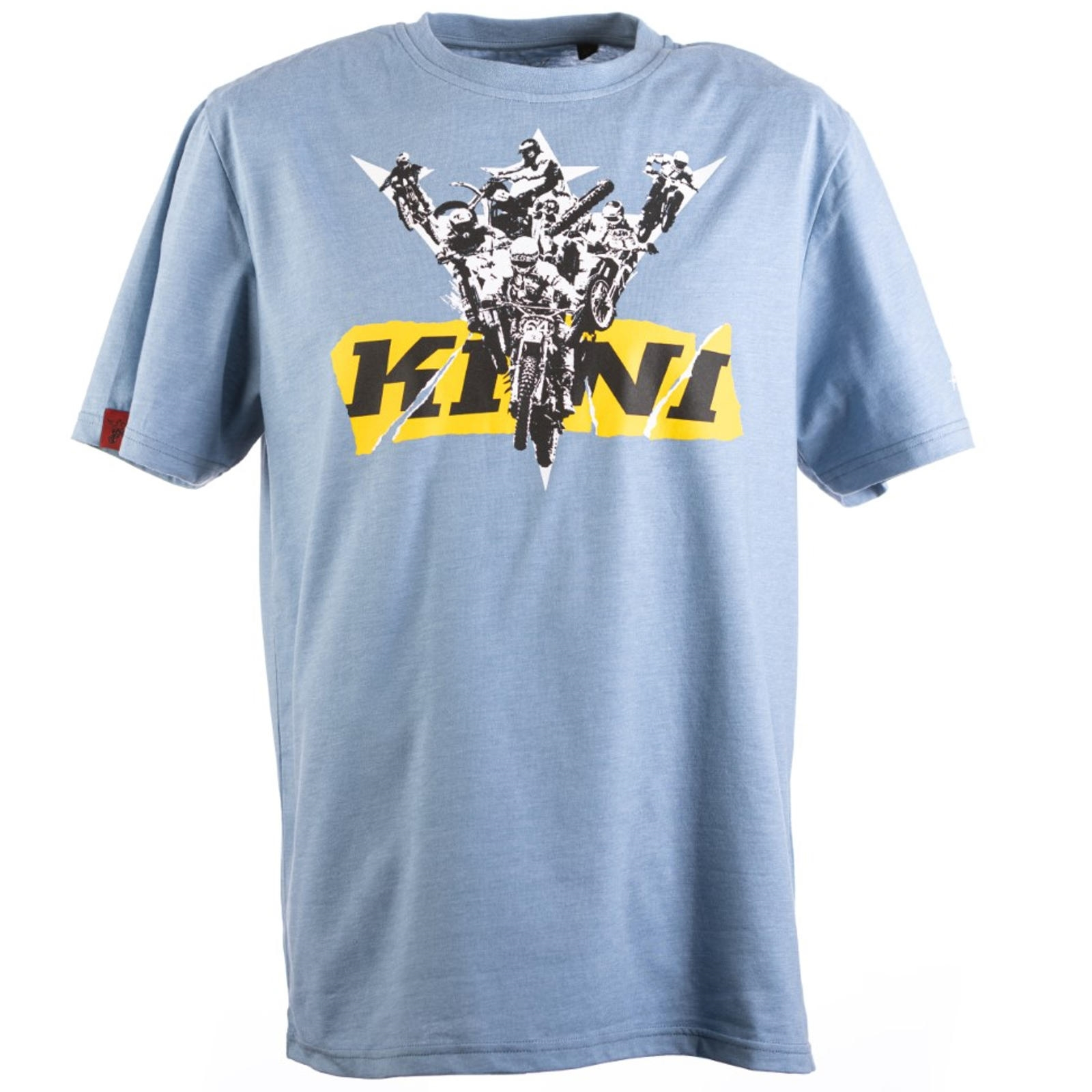 Hellblaues T-Shirt mit schwarz-weißem Motocross-Grafikmotiv über gelbem Banner und der Aufschrift KINI.