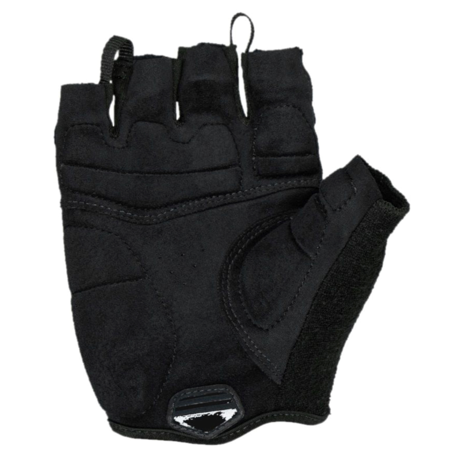Ein schwarzer Fingerloser Fitnesshandschuh mit Handballenpolsterung und kleiner Lasche oben, auf weißem Hintergrund.