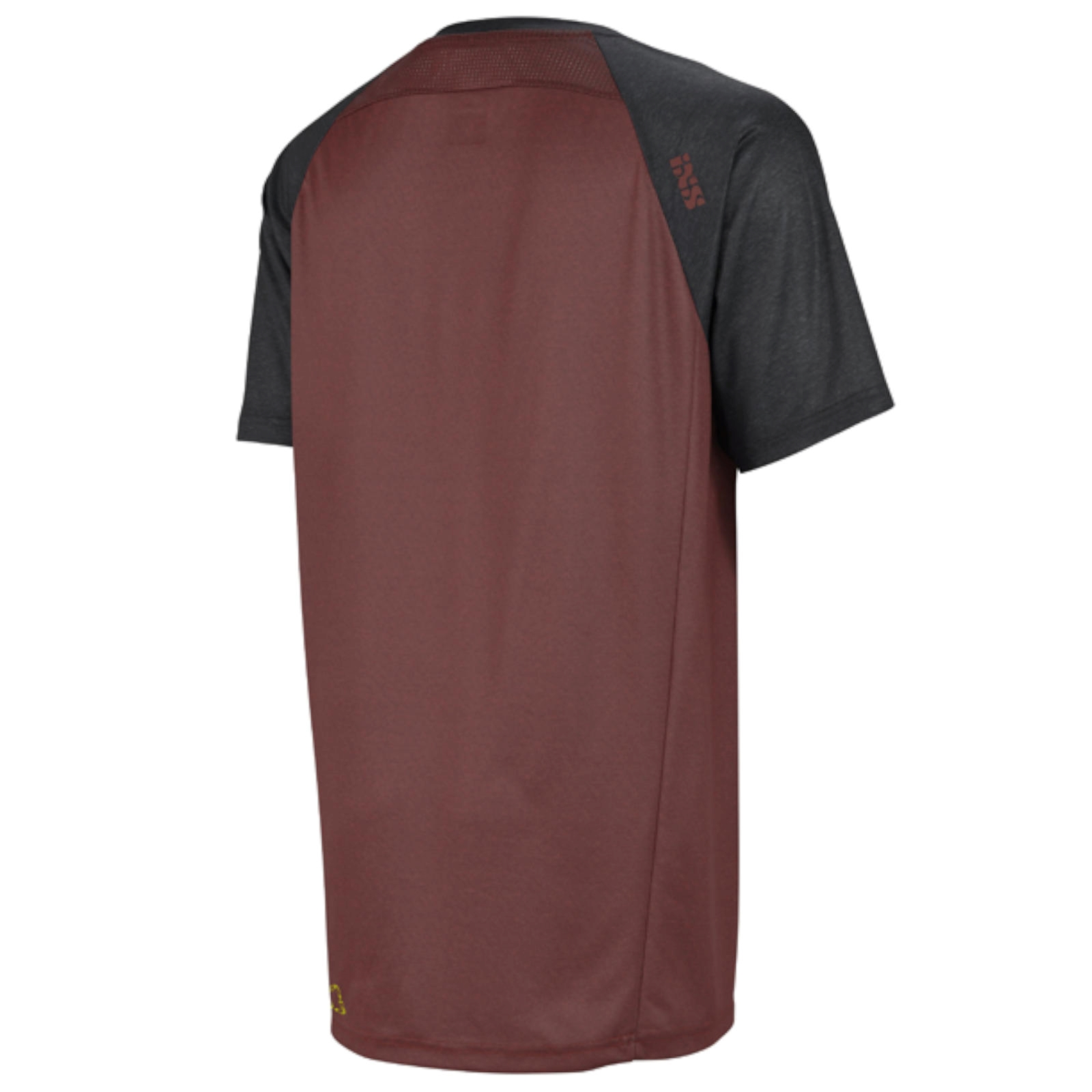 Rückansicht eines kurzen Sport-T-Shirts, bordeauxroter Körper, schwarze Raglanärmel und Markenlogo.