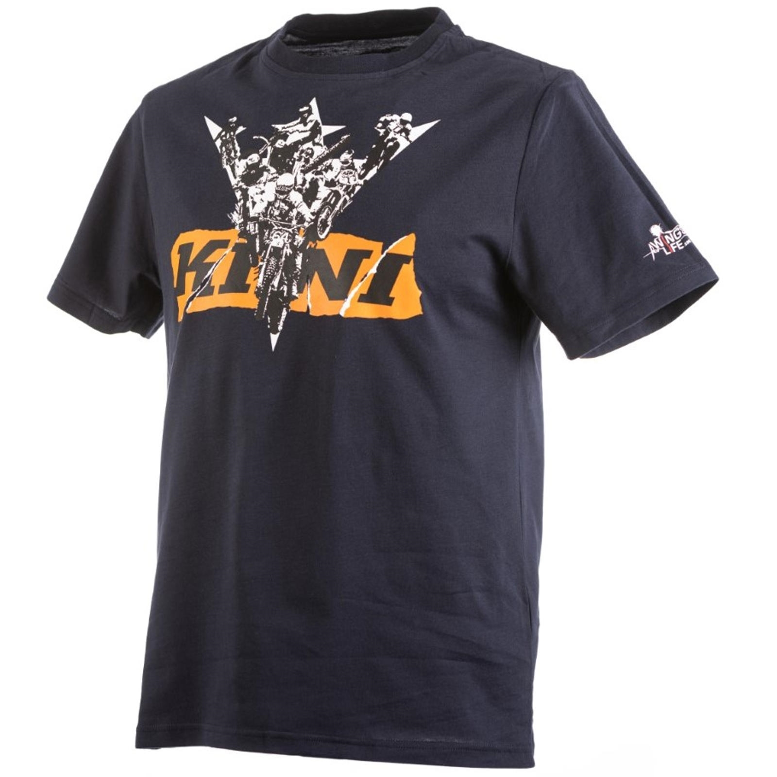 Dunkelblaues Kurzarm-T-Shirt mit weiß-oranger Motocross-Grafik und dem Schriftzug "KINI" auf der Brust.