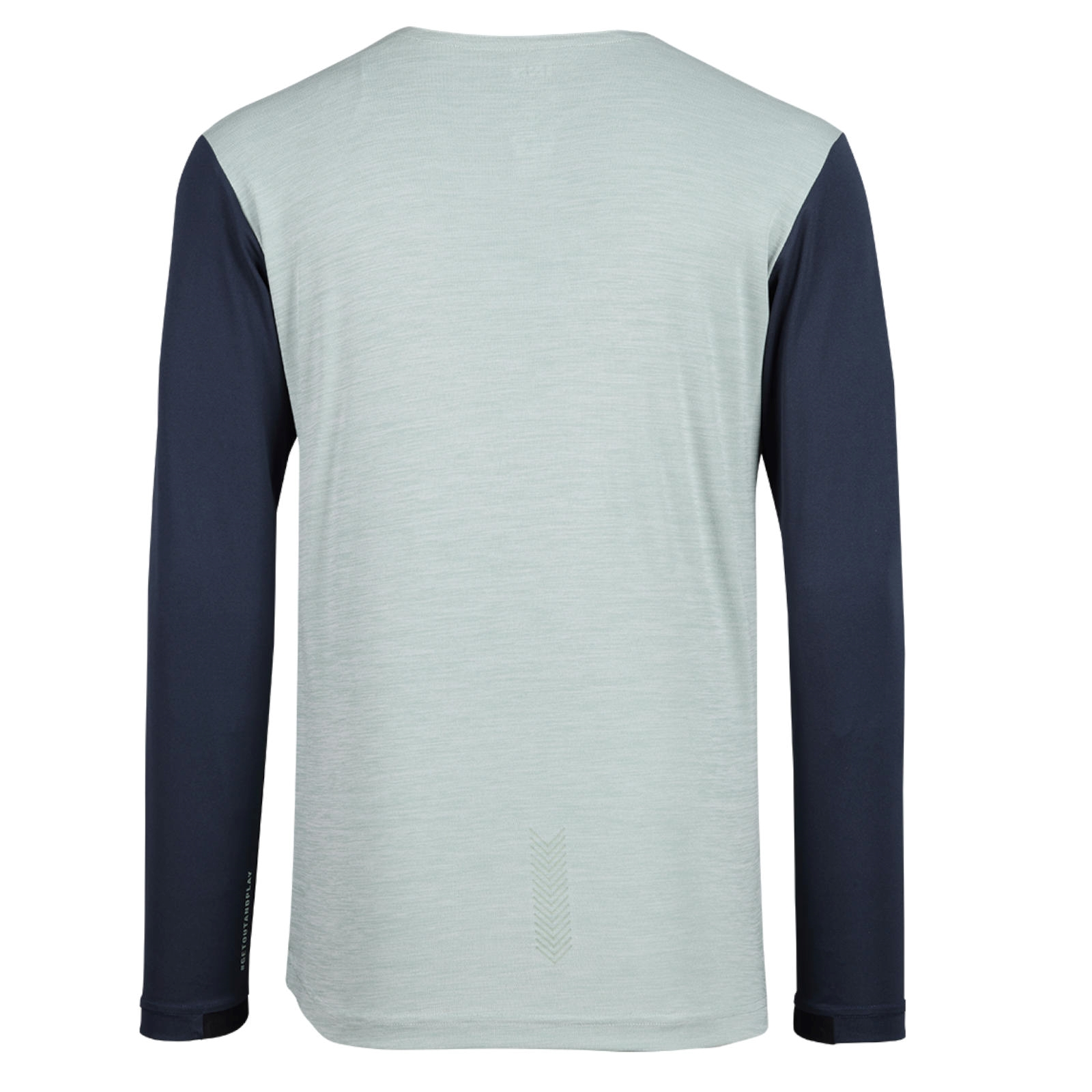 Rückansicht eines hellgrünen Langarmshirts mit dunklen Ärmeln vor weißem Hintergrund.