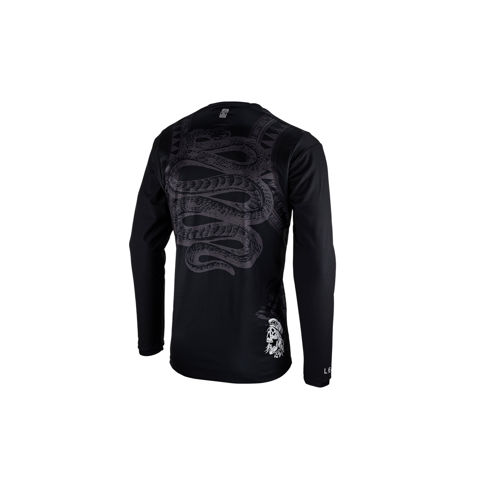 Schwarzes Langarmshirt von hinten mit grauer Schlangen- und Schädelgrafik.