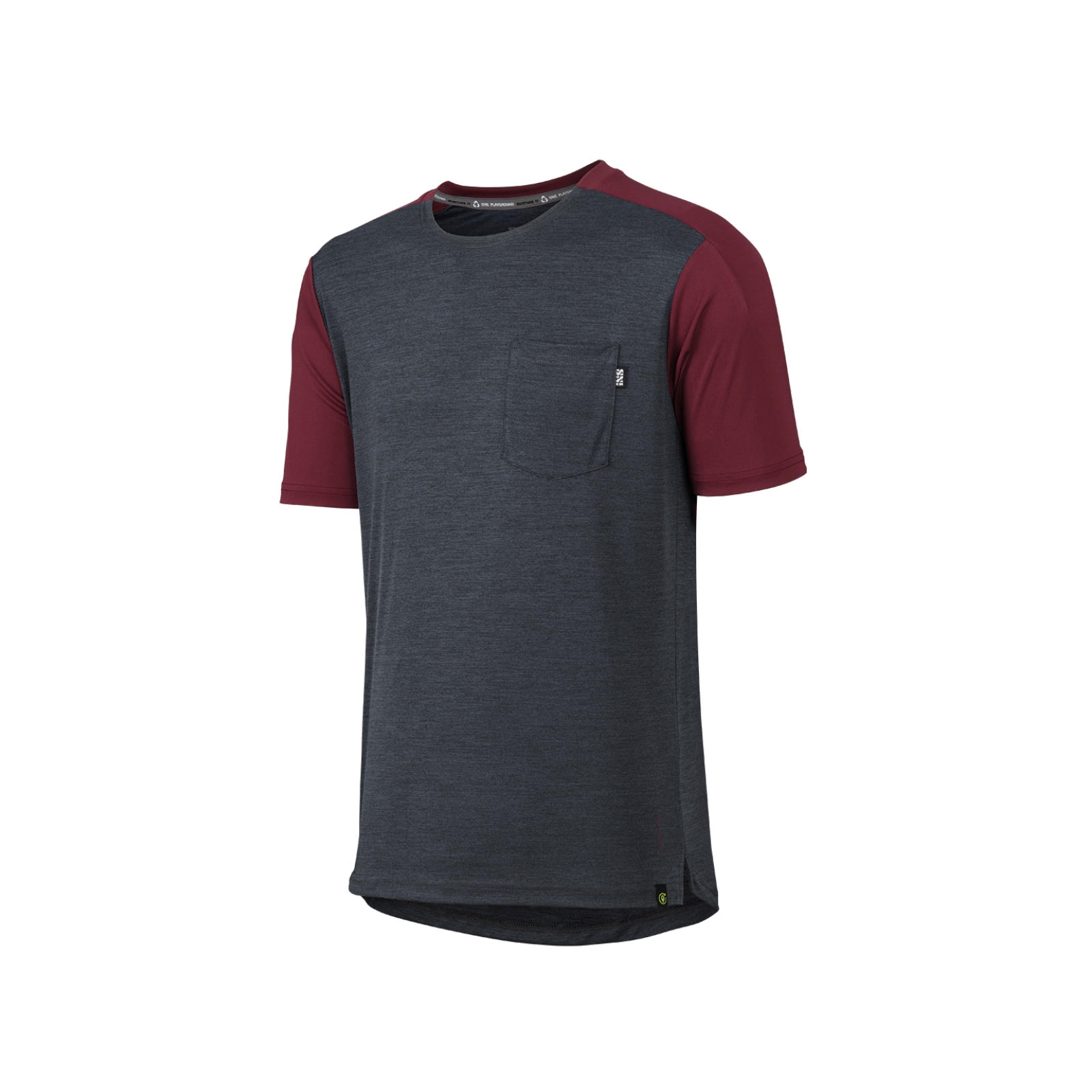 Dunkelgraues Kurzarm-T-Shirt mit roten Ärmeln und einer Brusttasche.