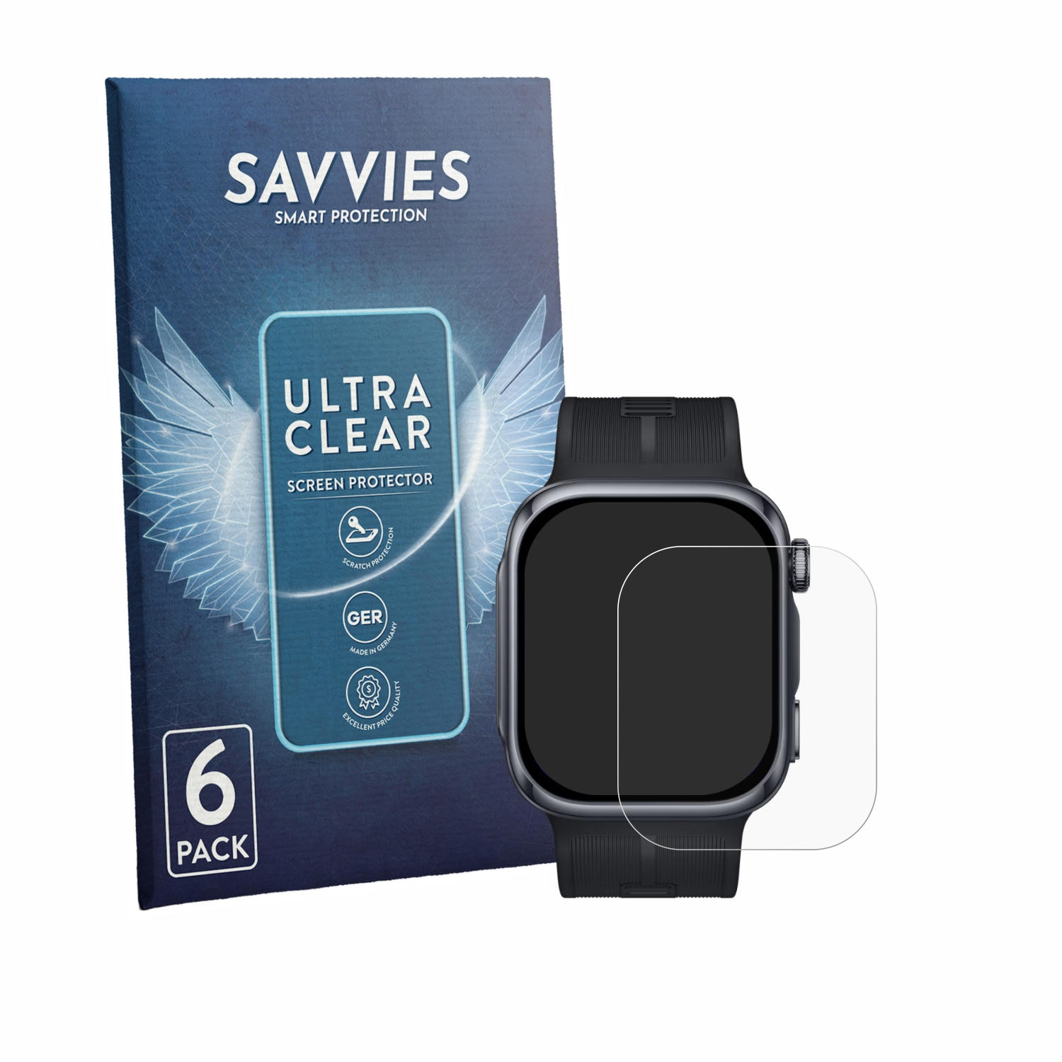 Savvies Ultra Clear Displayfolie 6er-Pack neben einer Smartwatch.