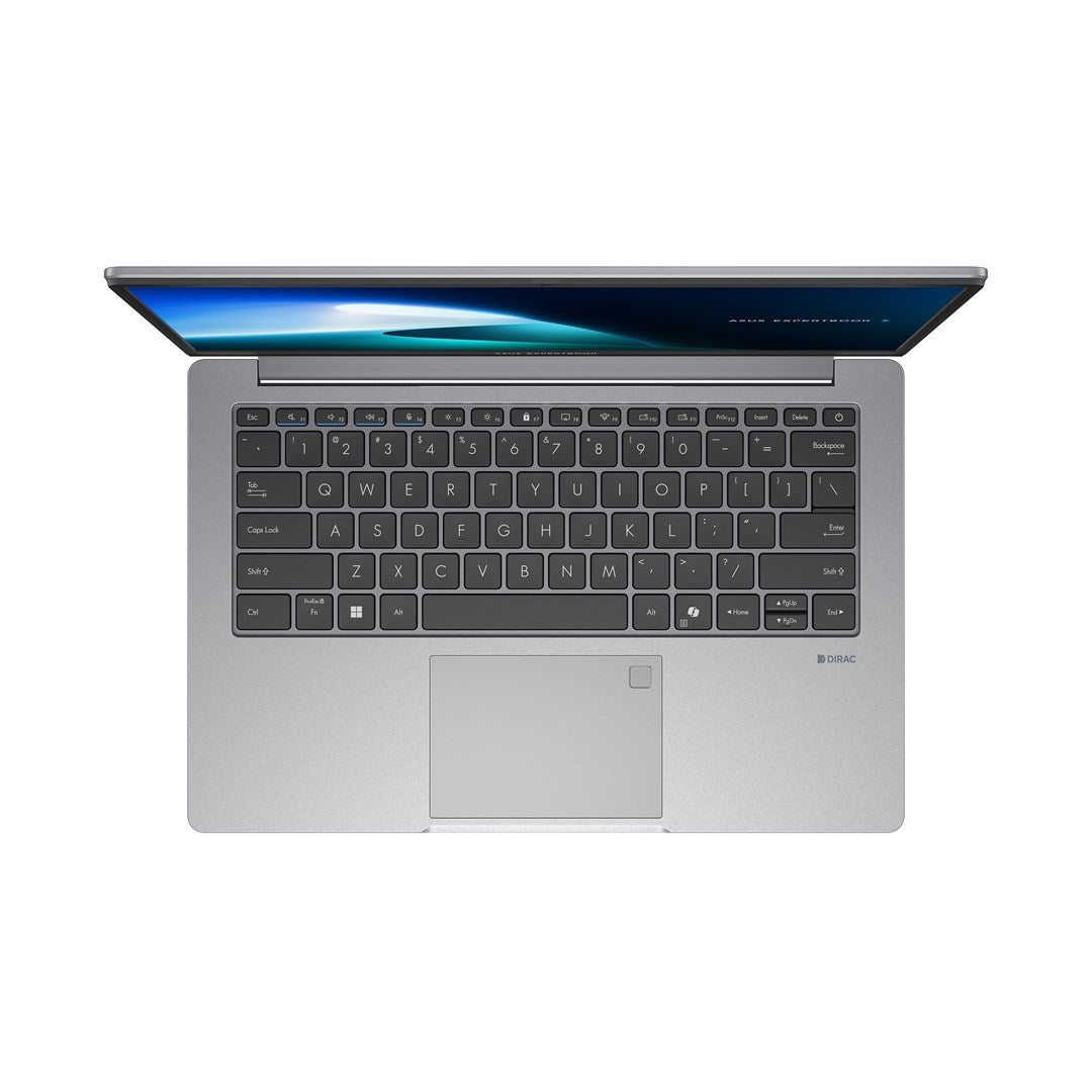 Widok z góry otwartego szarego laptopa z klawiaturą, gładzikiem i częścią ekranu na białym tle.
