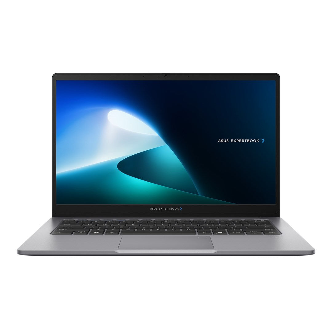 Szary laptop Asus ExpertBook z niebieskim abstrakcyjnym ekranem na białym tle.