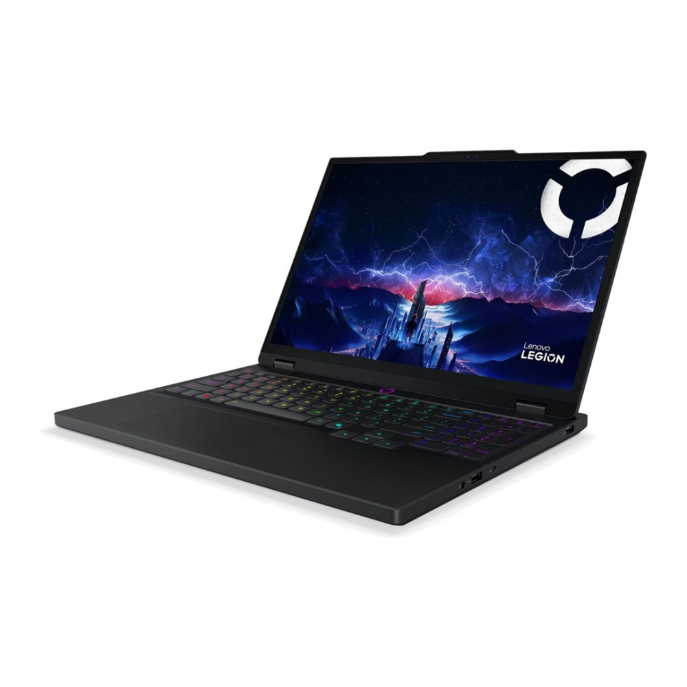 Czarny laptop do gier Lenovo Legion otwarty na białym tle z tapetą przedstawiającą błyskawice.
