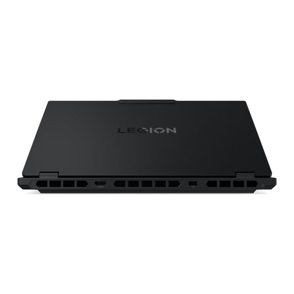 Widok z tyłu zamkniętego czarnego laptopa Lenovo Legion z kratkami wentylacyjnymi i logo.